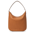 The Shinola Bixby Shoulder Bag - Tan features natural leather, an accordion-style build, single shoulder strap, curved top, and a minimal design, displayed against a plain white background.