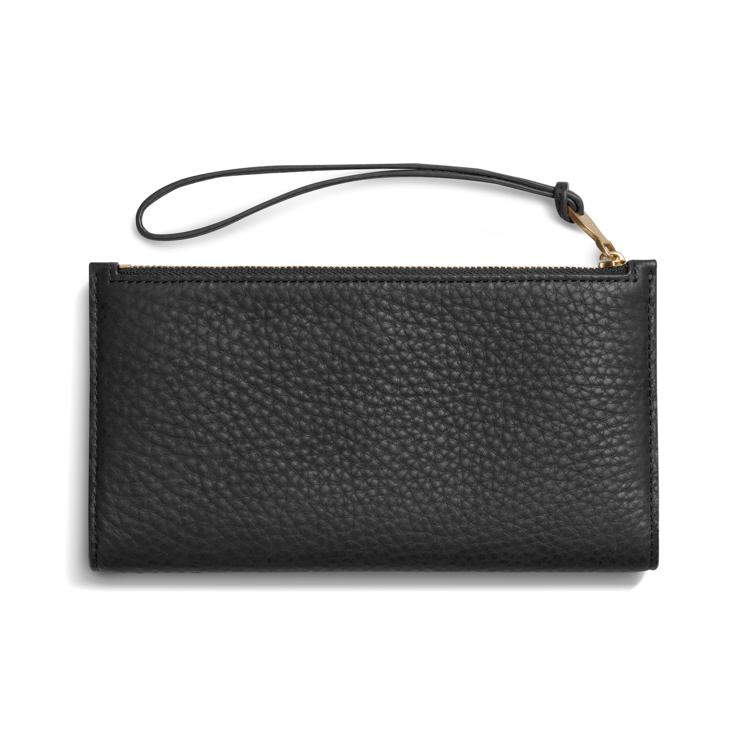 The Shinola Wristlet Wallet - Black features natural grain leather with a textured finish, multiple card pockets, a zipper closure, and a matching wrist strap, shown against a plain white background.