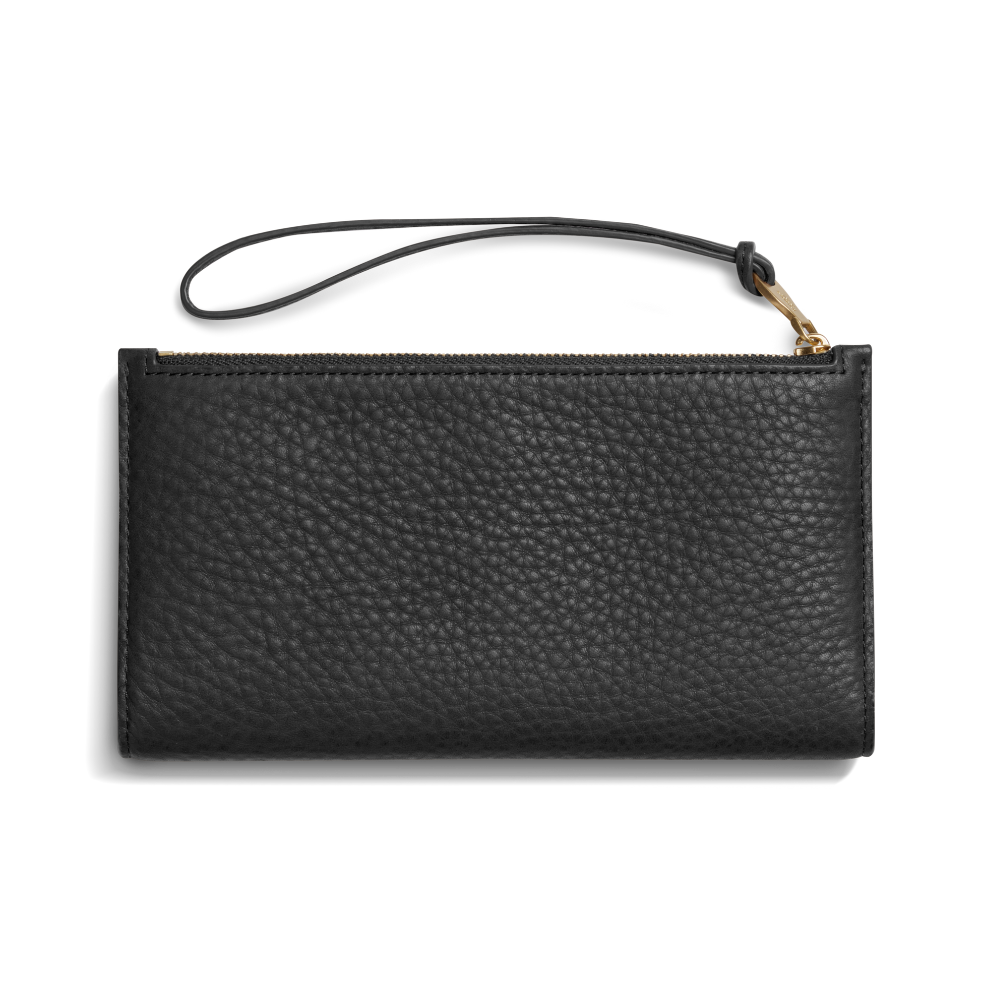 The Shinola Wristlet Wallet - Black features natural grain leather with a textured finish, multiple card pockets, a zipper closure, and a matching wrist strap, shown against a plain white background.