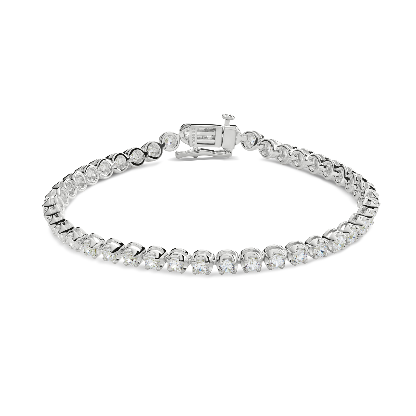 The Shinola 4 Carat 7" Diamond Tennis Bracelet in white gold showcases a row of brilliant round diamonds and a secure box clasp, elegantly displayed against a plain white background.