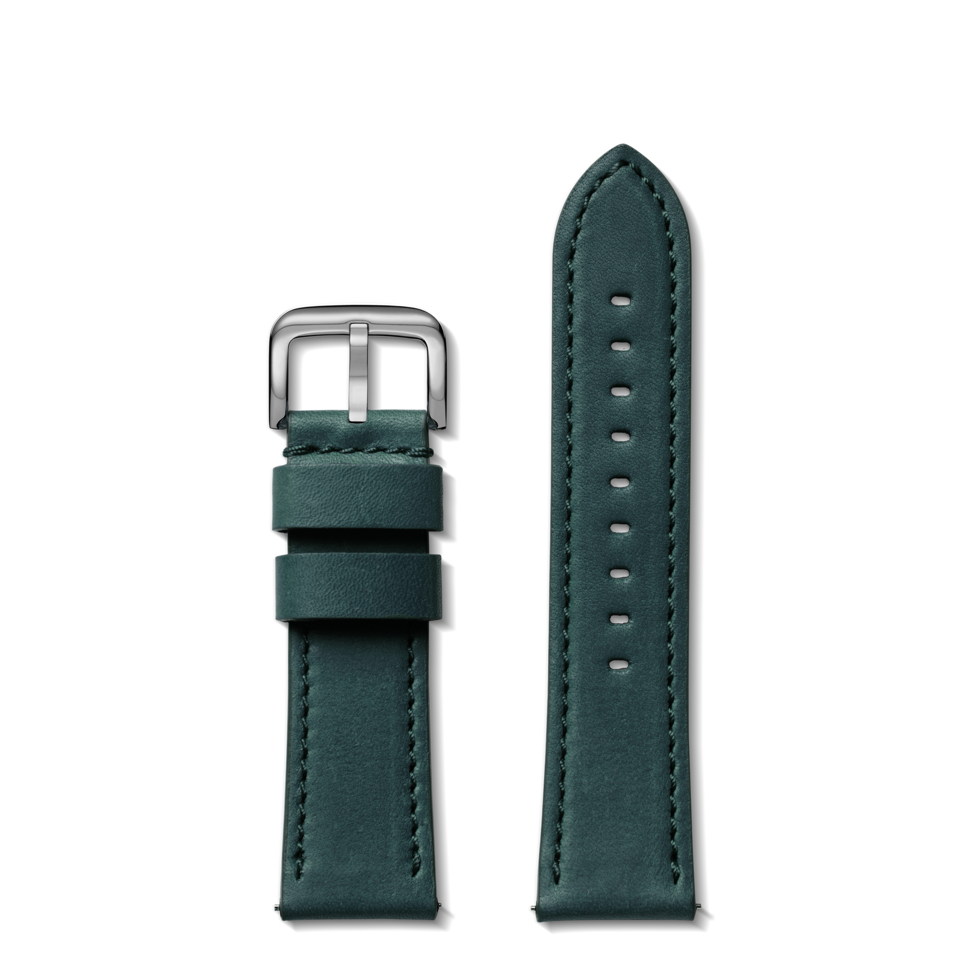 The Shinola 24mm Evergreen Leather Watch Strap in green features a silver buckle, two loops, and visible stitching. Displayed in two pieces on a plain white background, it’s perfectly sized for the 41.5mm Guardian.