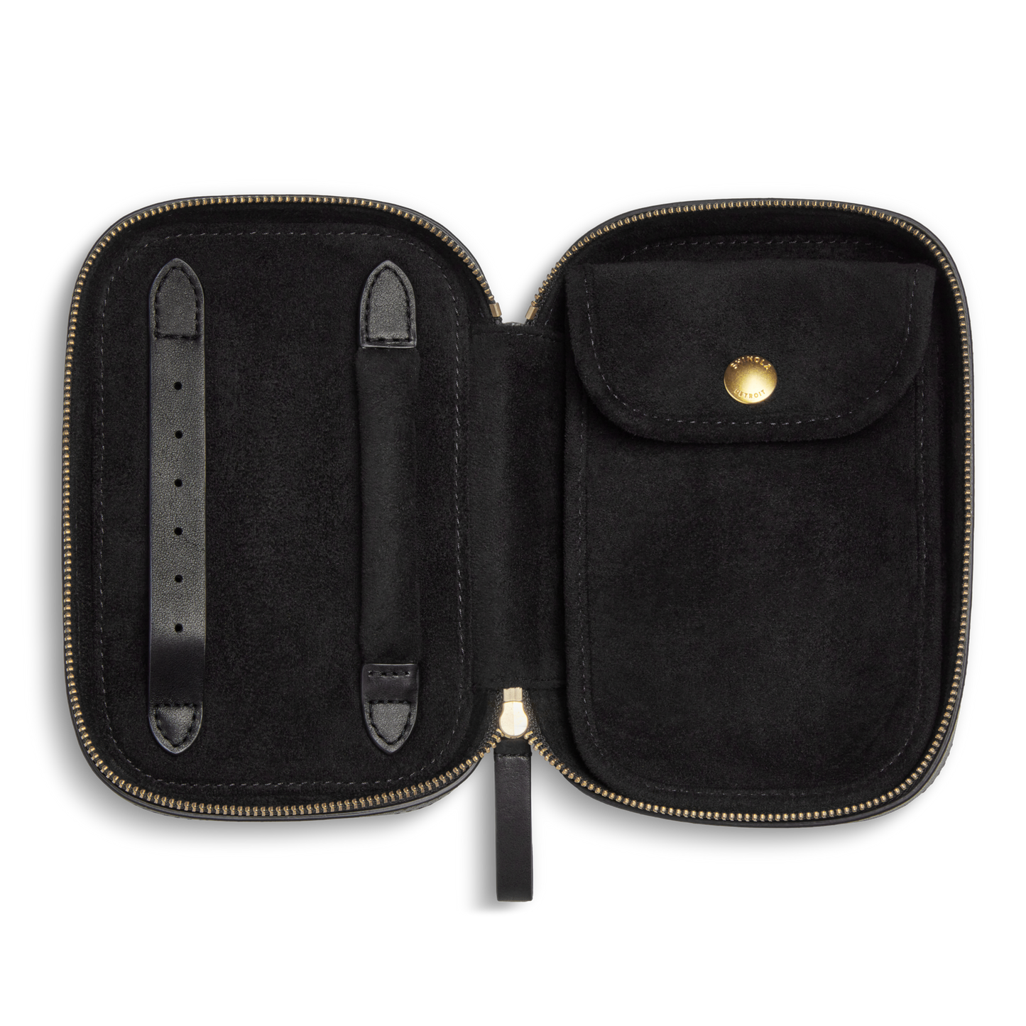 The Shinola Travel Jewelry Case - Black is an open suede case with a zipper, left straps to secure items, a right snap-button pocket, and a removable pouch for convenience.
