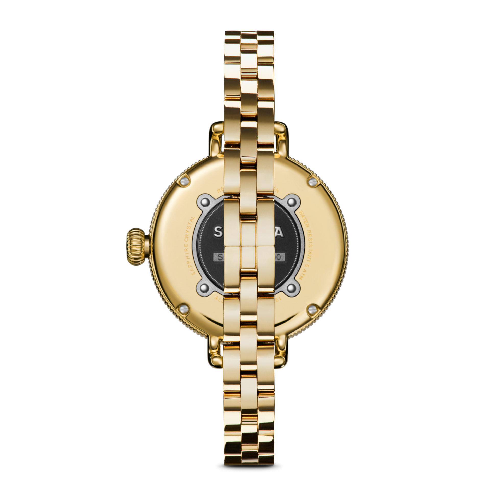 A gold Shinola Birdy Watch - Lapis with a metal link band, shown from the back. The round case displays visible screws, engravings, and a black inner circle with the Shinola Birdy name and model details. Detroit-assembled.