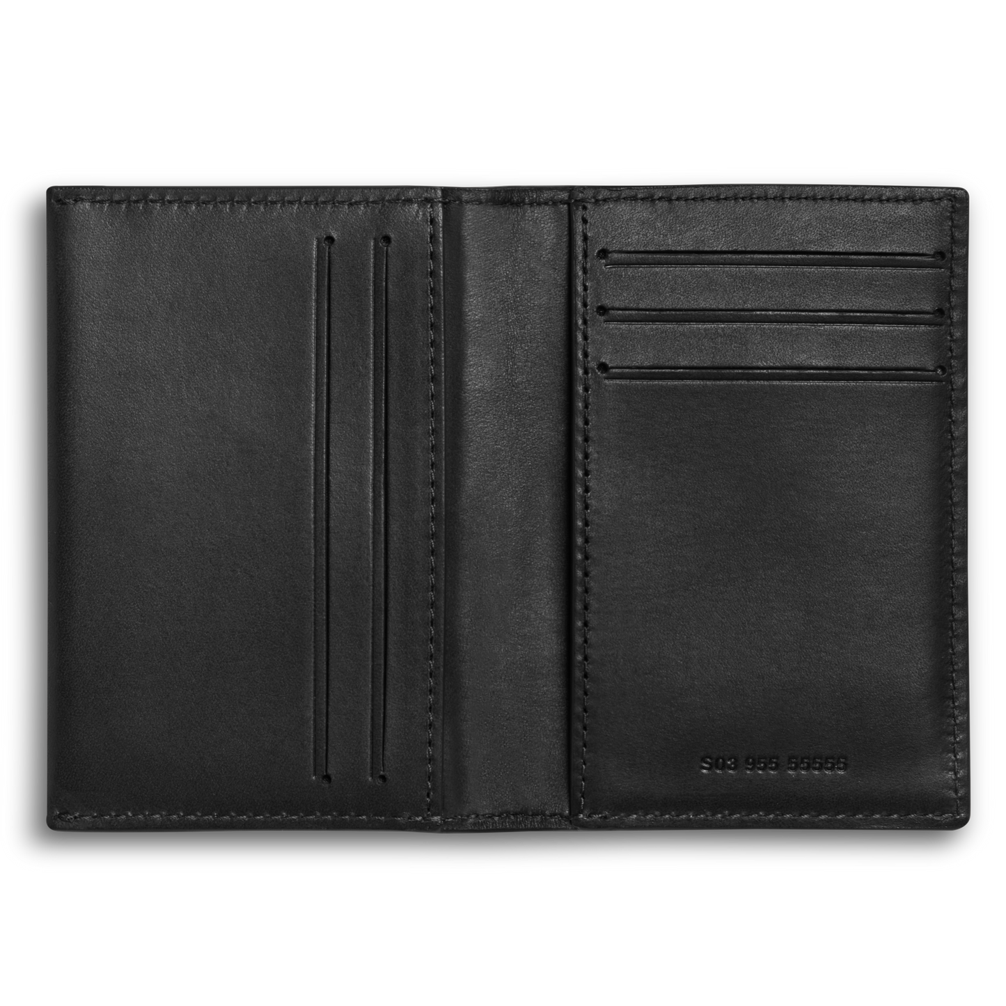 The Shinola Folded Card Holder Wallet - Black is a slim, open wallet crafted from luxurious Italian Vachetta leather with multiple card slots on both sides, displayed against a plain light background.