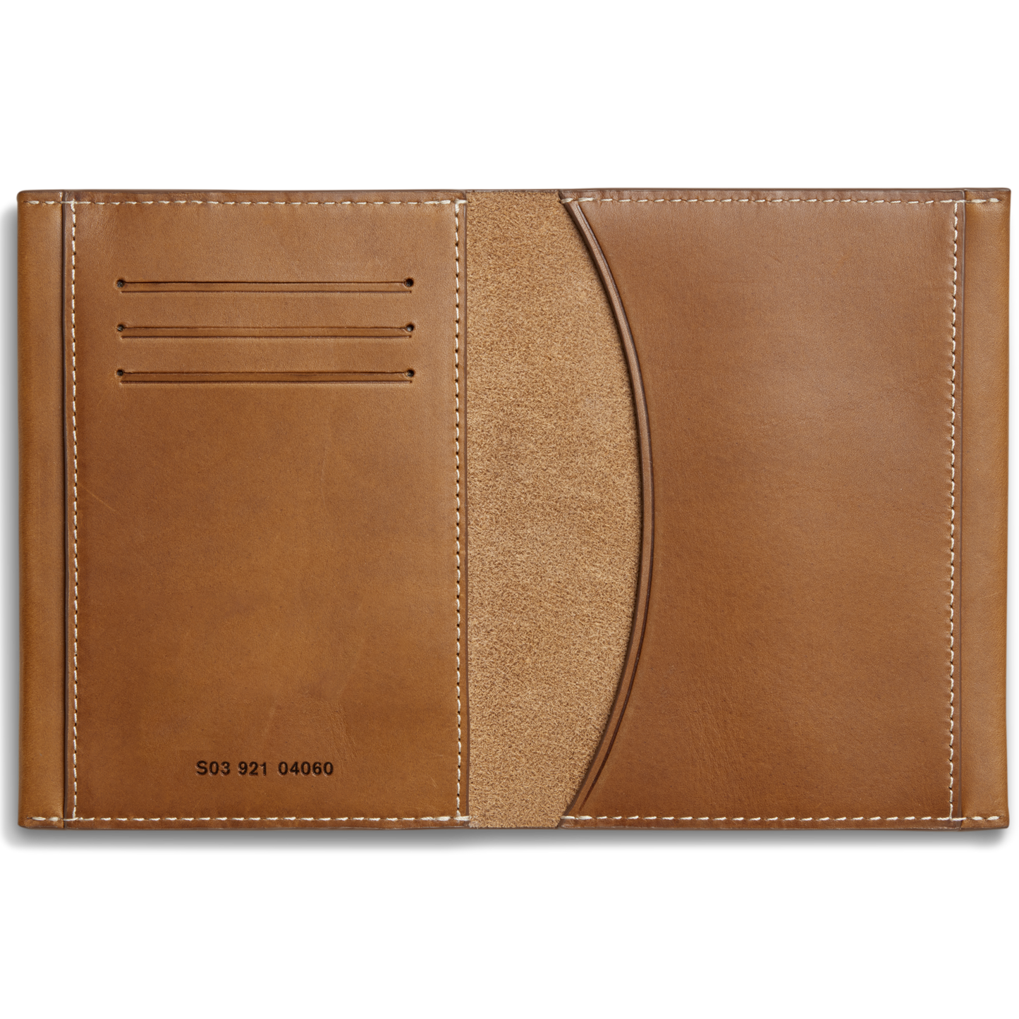 The Shinola Passport Holder - Tan features light brown Italian leather with white stitching, three card slots on the left, and a large curved pocket on the right—ideal as a stylish travel accessory. Numbers are printed at the bottom left.