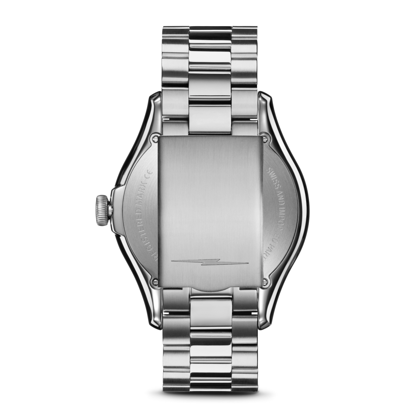 A close-up of the Shinola Vinton Watch - Whiskey shows its brushed metal case, stainless steel bracelet, left-side crown, and minimal engraving on the back.