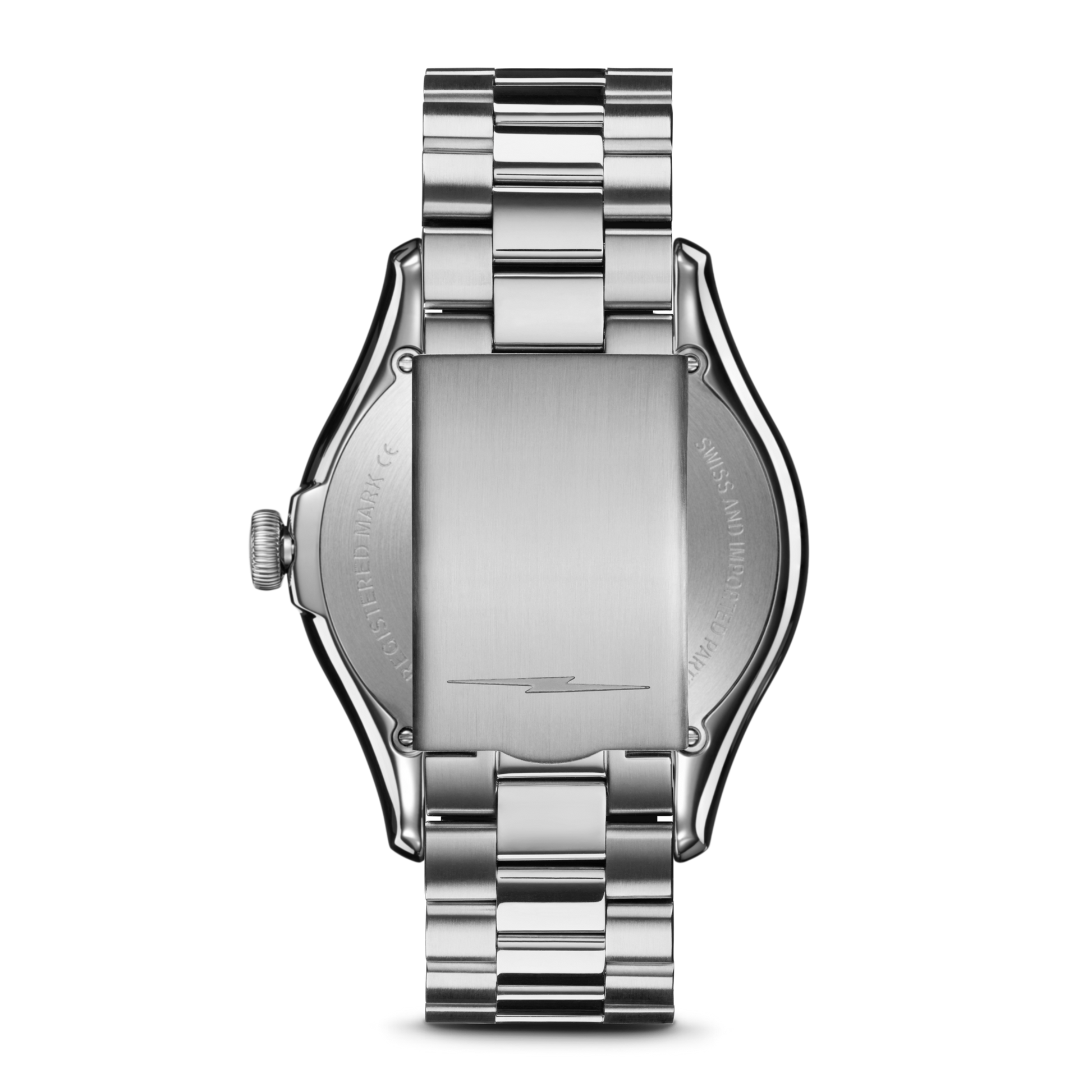 A close-up of the Shinola Vinton Watch - Whiskey shows its brushed metal case, stainless steel bracelet, left-side crown, and minimal engraving on the back.
