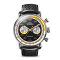 The Shinola Canfield Speedway Open Road Automatic Chronograph Watch – Black features a black leather band, black dial with yellow and silver accents, white numerals, two subdials, tachymeter scale, and silver push buttons for precise timekeeping.