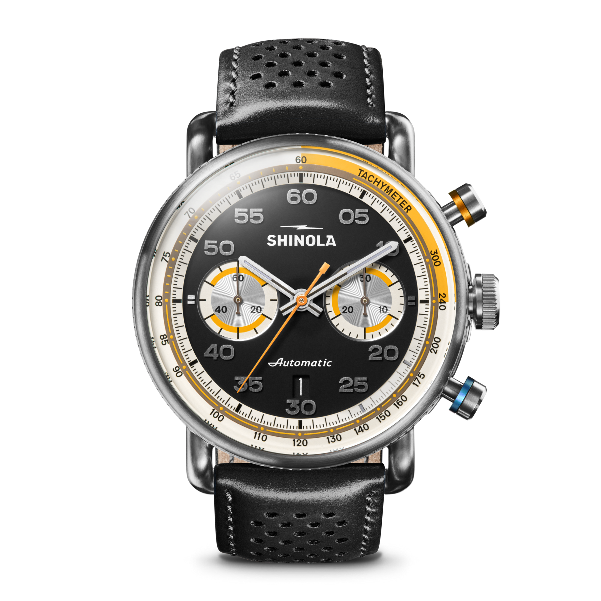 The Shinola Canfield Speedway Open Road Automatic Chronograph Watch – Black features a black leather band, black dial with yellow and silver accents, white numerals, two subdials, tachymeter scale, and silver push buttons for precise timekeeping.