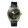 The Shinola Celestial Derby Watch features a black Mother of Pearl diamond-accented dial, moon phase display, gold bezel, and black leather strap, set against a white background.