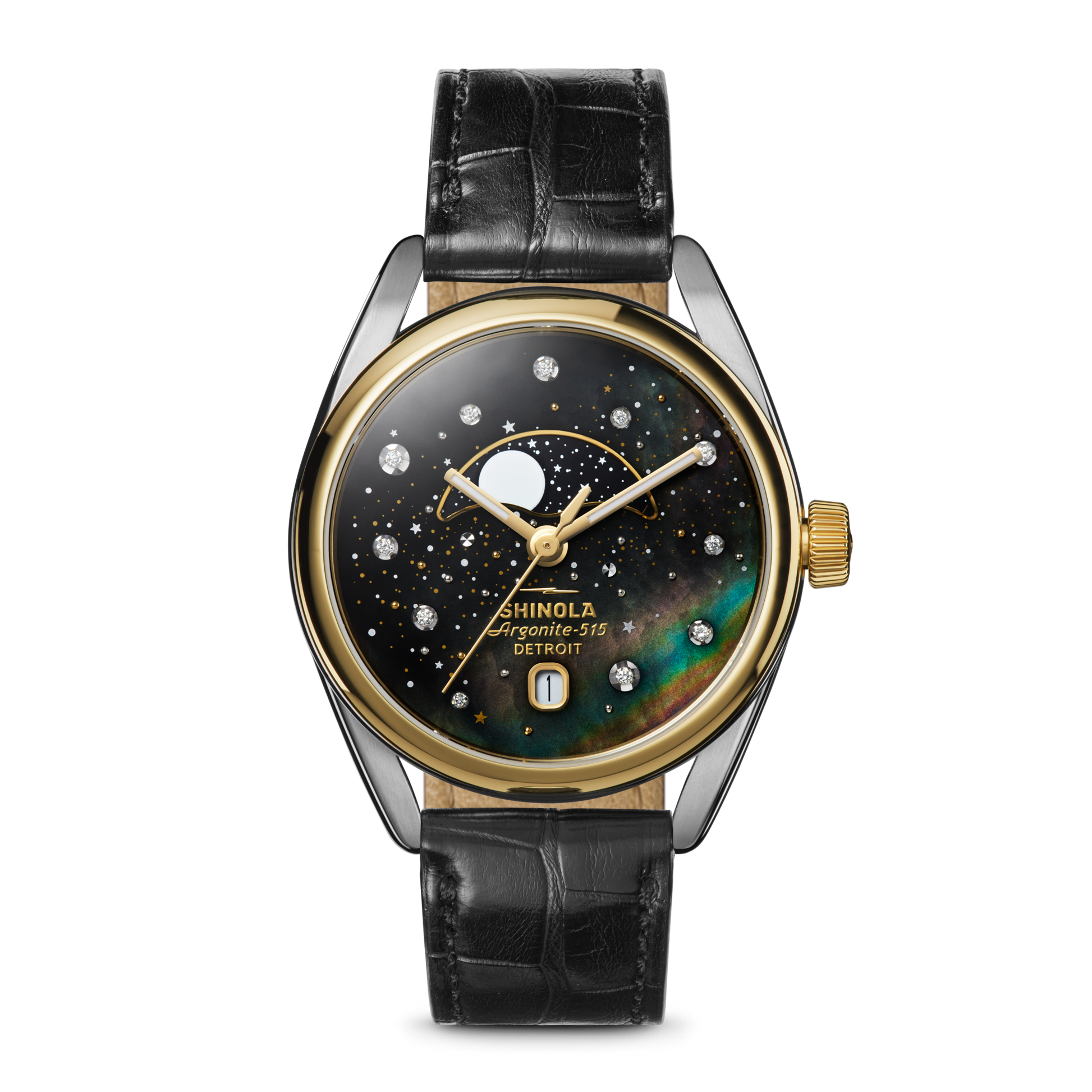 The Shinola Celestial Derby Watch features a black Mother of Pearl diamond-accented dial, moon phase display, gold bezel, and black leather strap, set against a white background.