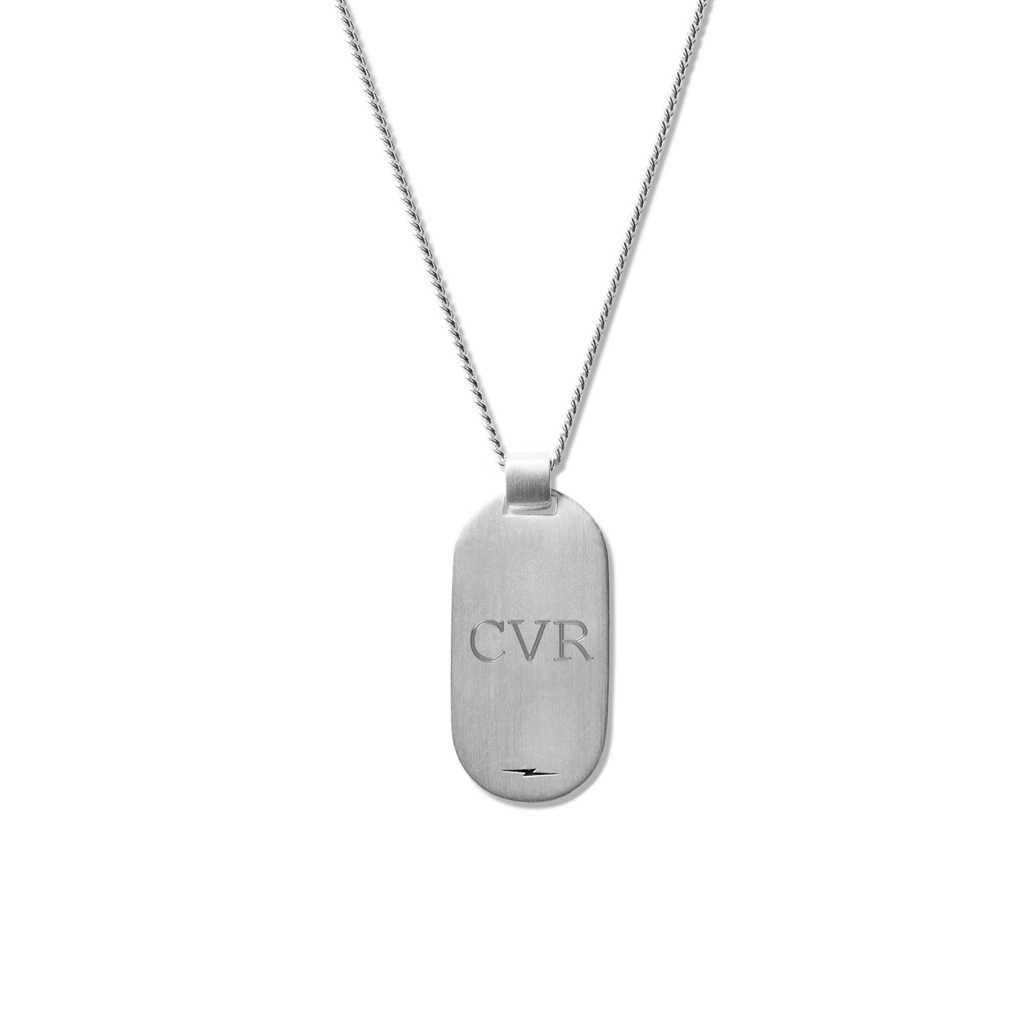 The Shinola Tag Curb Chain Necklace—crafted in sterling silver—features a men's dog tag engraved with CVR, hanging from a fine chain and shown against a plain white background.