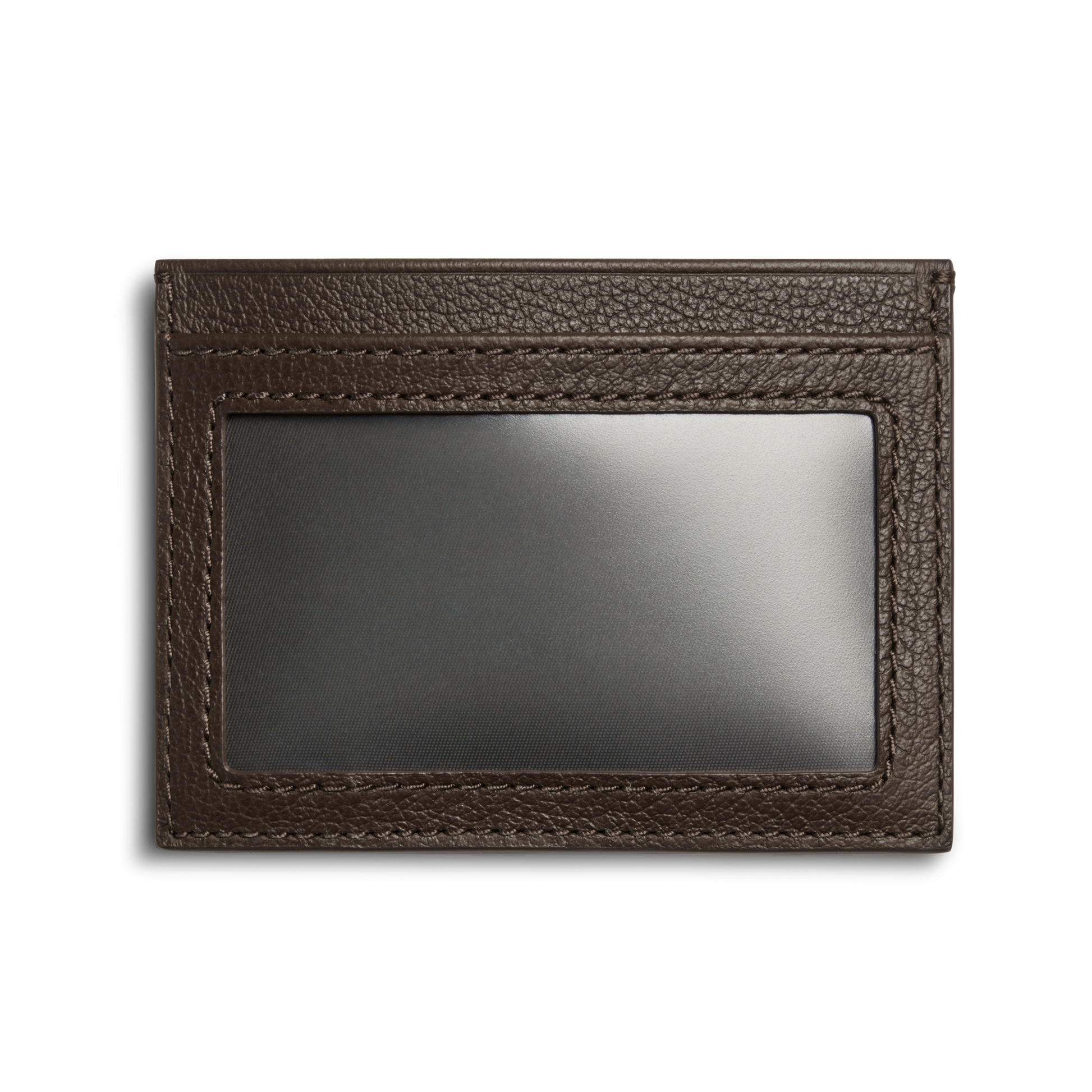 The Shinola Canfield ID Card Holder in Espresso features dark brown pebbled leather, visible stitching, and a transparent ID window on one side, shown against a plain white background.