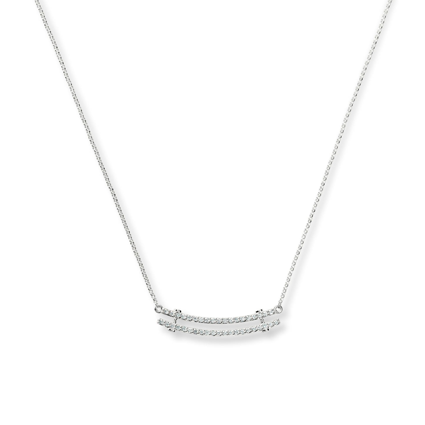 The Shinola Diamond Pave Rivet Double Row Necklace—crafted in 14k white gold with two parallel rows of sparkling stones on a fine chain—is a standout piece, shown here against a plain white background.