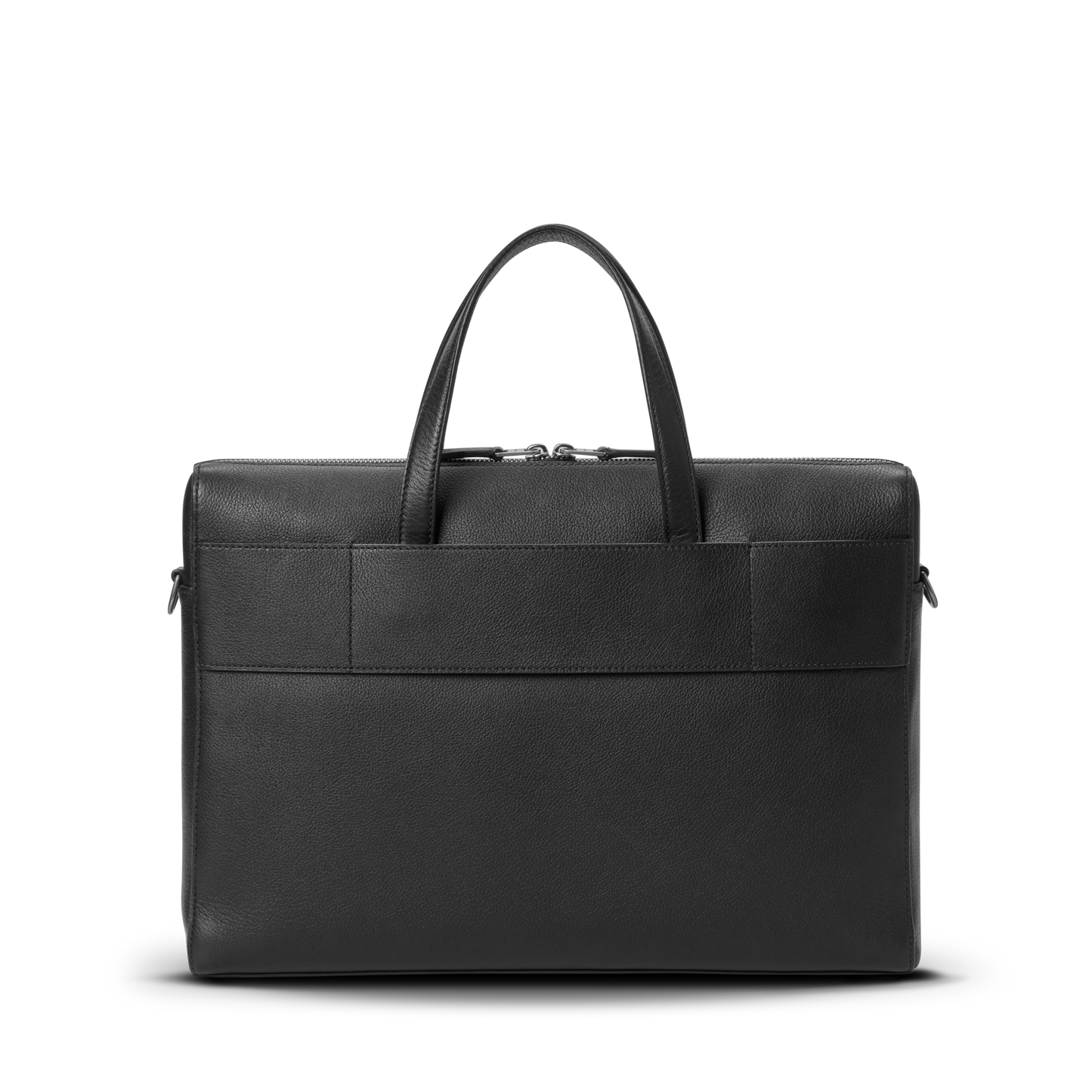 The Shinola Canfield Briefcase - Black Pebbled Leather features two handles, a top zipper closure, and a front exterior pocket—ideal for commuters. Shown on a plain white background.