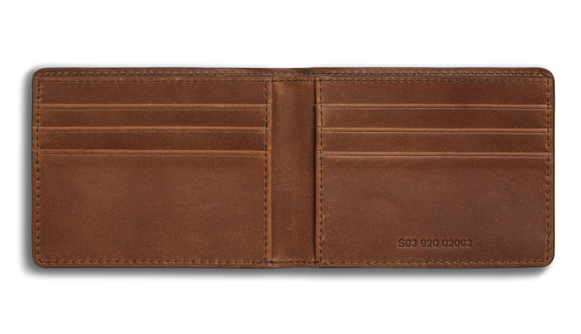 The Shinola Slim Bifold Wallet - Medium Brown features premium leather, six card slots, two spacious pockets, and an embossed number on the bottom right.