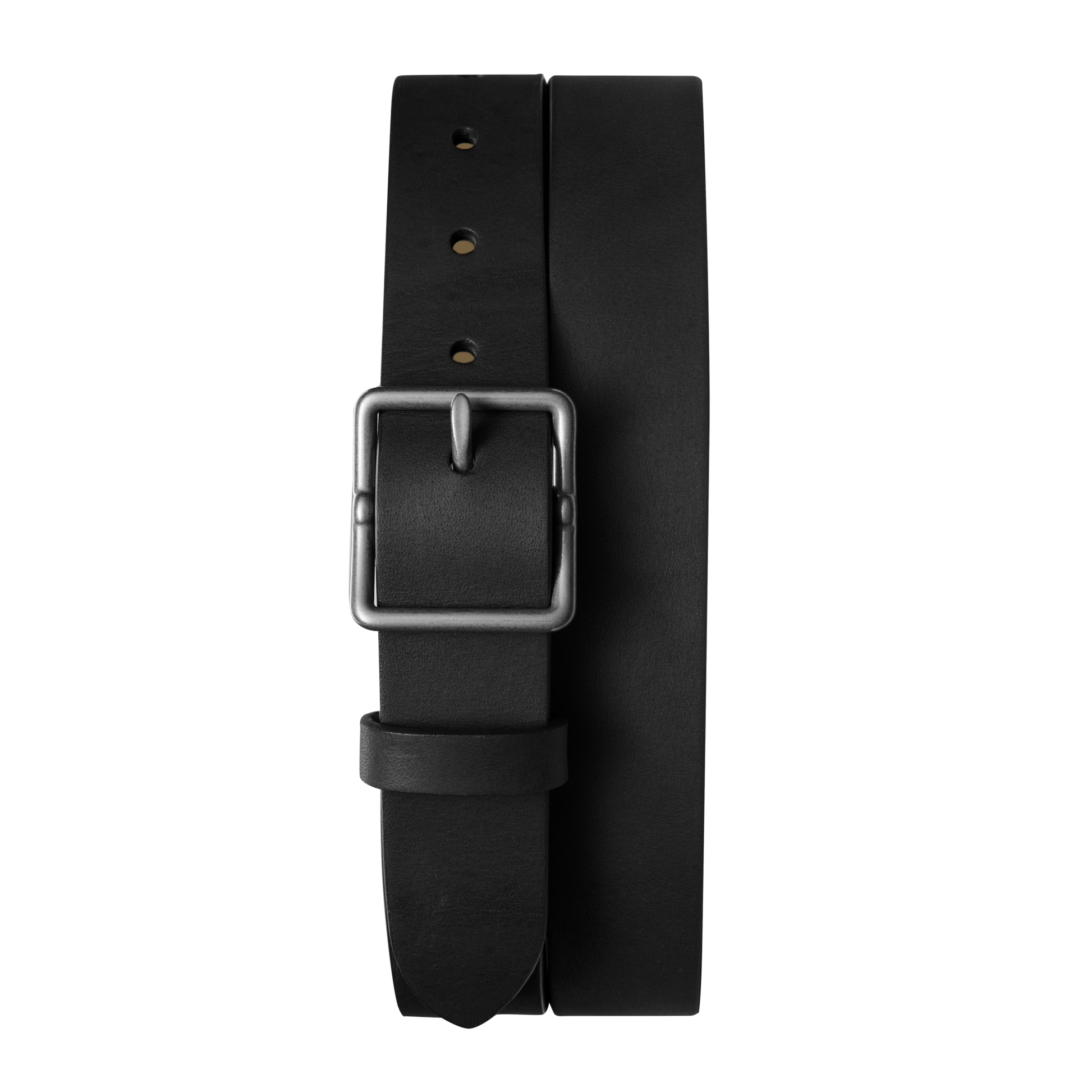 The Shinola 1 1/4" Center Bar Buckle Belt - Black is made from USA Heritage leather and features a silver rectangular buckle with five adjustment holes, displayed coiled on a plain white background.