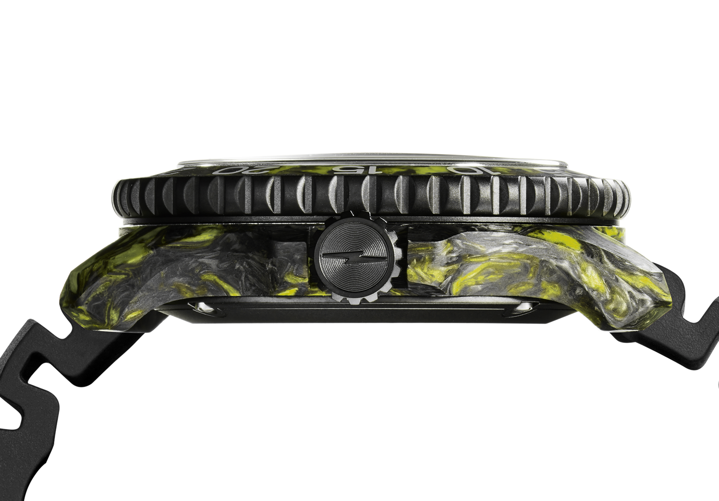 Side view of the Shinola Forged Carbon Monster Watch with a black and yellow marbled forged carbon case, ridged black bezel, textured crown, and segmented strap displayed on a plain white background.