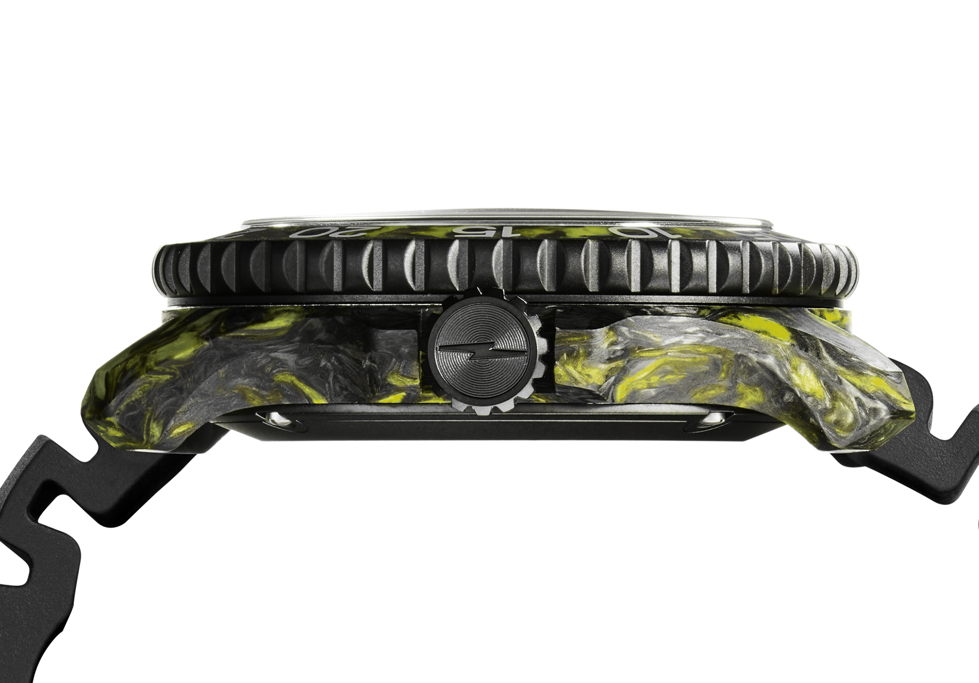 Side view of the Shinola Forged Carbon Monster Watch with a black and yellow marbled forged carbon case, ridged black bezel, textured crown, and segmented strap displayed on a plain white background.