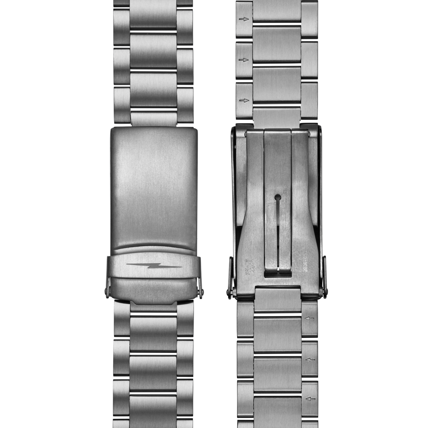 Two stainless steel watch bands from the Shinola Runwell Chronograph West Wind Gift Set are side by side: the left shows the clasp’s top, and the right reveals the 42mm chronograph’s underside mechanism, all against a white background.