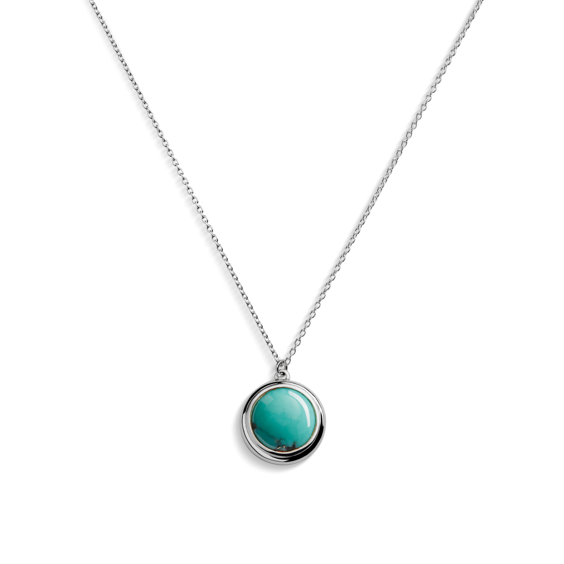 The Shinola Heirloom Turquoise Pendant Necklace features a round turquoise stone set in sterling silver, shown on a plain white background—perfect for turquoise pendant necklace enthusiasts.