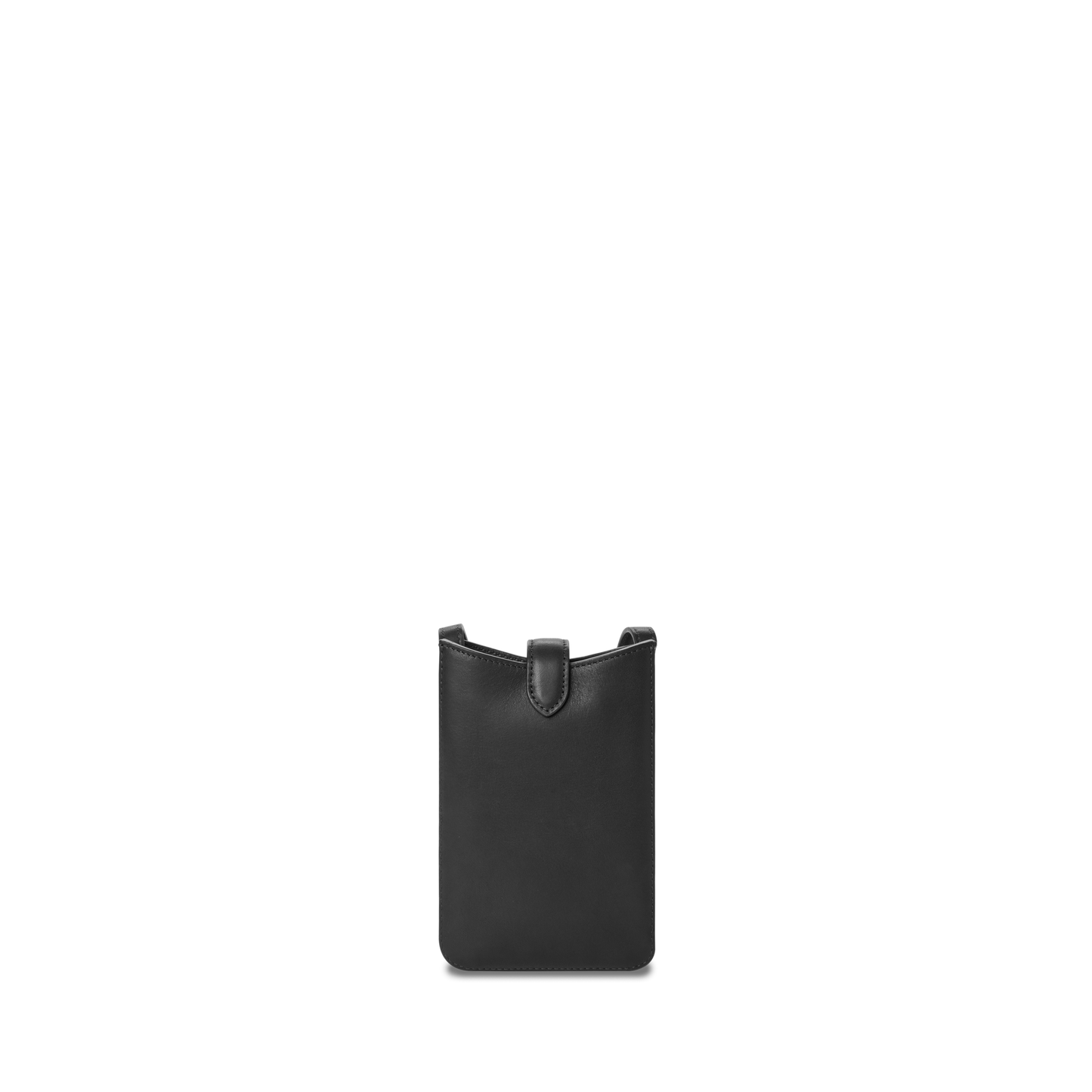 The Shinola Bixby Phone Crossbody in black natural leather features a minimalist design, tab closure, and clean edges. Centered on a plain white background, this compact pouch is perfect for carrying your essentials.