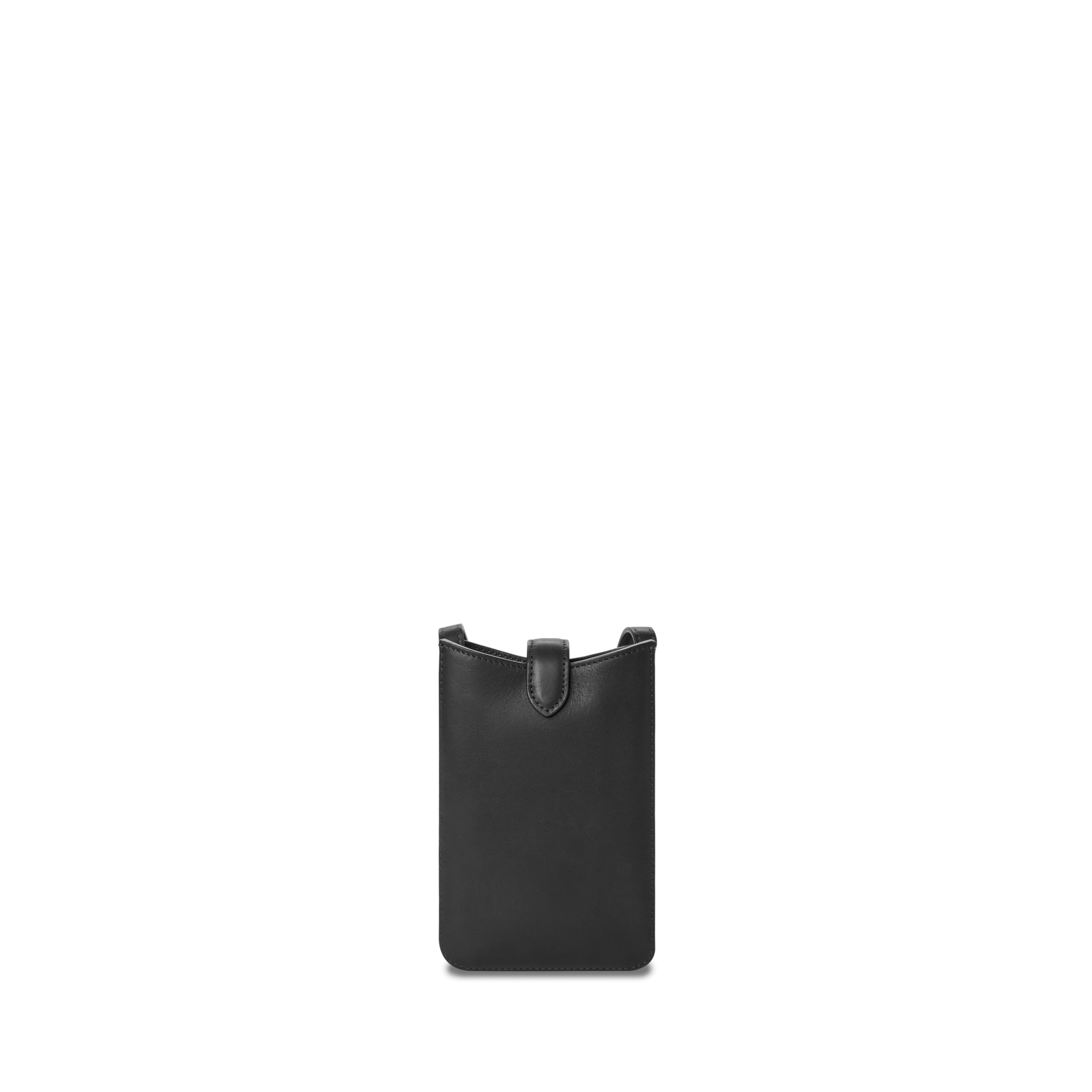 The Shinola Bixby Phone Crossbody in black natural leather features a minimalist design, tab closure, and clean edges. Centered on a plain white background, this compact pouch is perfect for carrying your essentials.