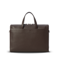 The Shinola Canfield Briefcase - Espresso is a dark brown pebbled leather bag with two handles, front pocket, zippered top, and a laptop pocket, shown against a plain white background.
