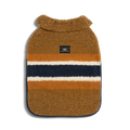 The Shinola Dog Coat - Brand Stripe / Tan is a brown, fuzzy premium sweater with wide white, navy blue, and light brown stripes plus a small black label by the collar, shown flat on a light background.