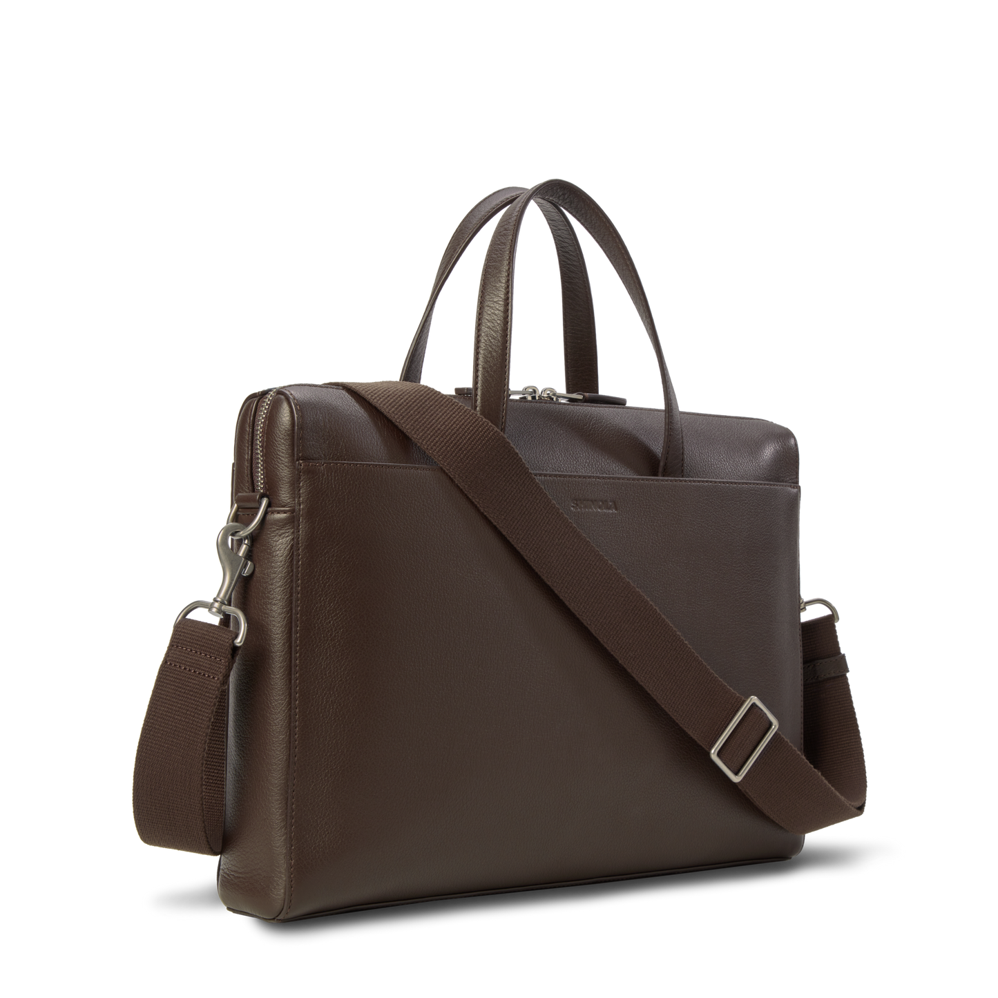 The Shinola Canfield Briefcase - Espresso features sleek dark brown pebbled leather, dual handles, a detachable adjustable shoulder strap, and a laptop pocket, displayed against a plain white background.