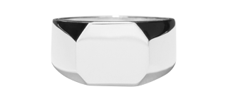 The Shinola Octagonal Signet Ring in sterling silver features a broad, flat octagonal face and a polished minimalist design, captured against a simple light background.