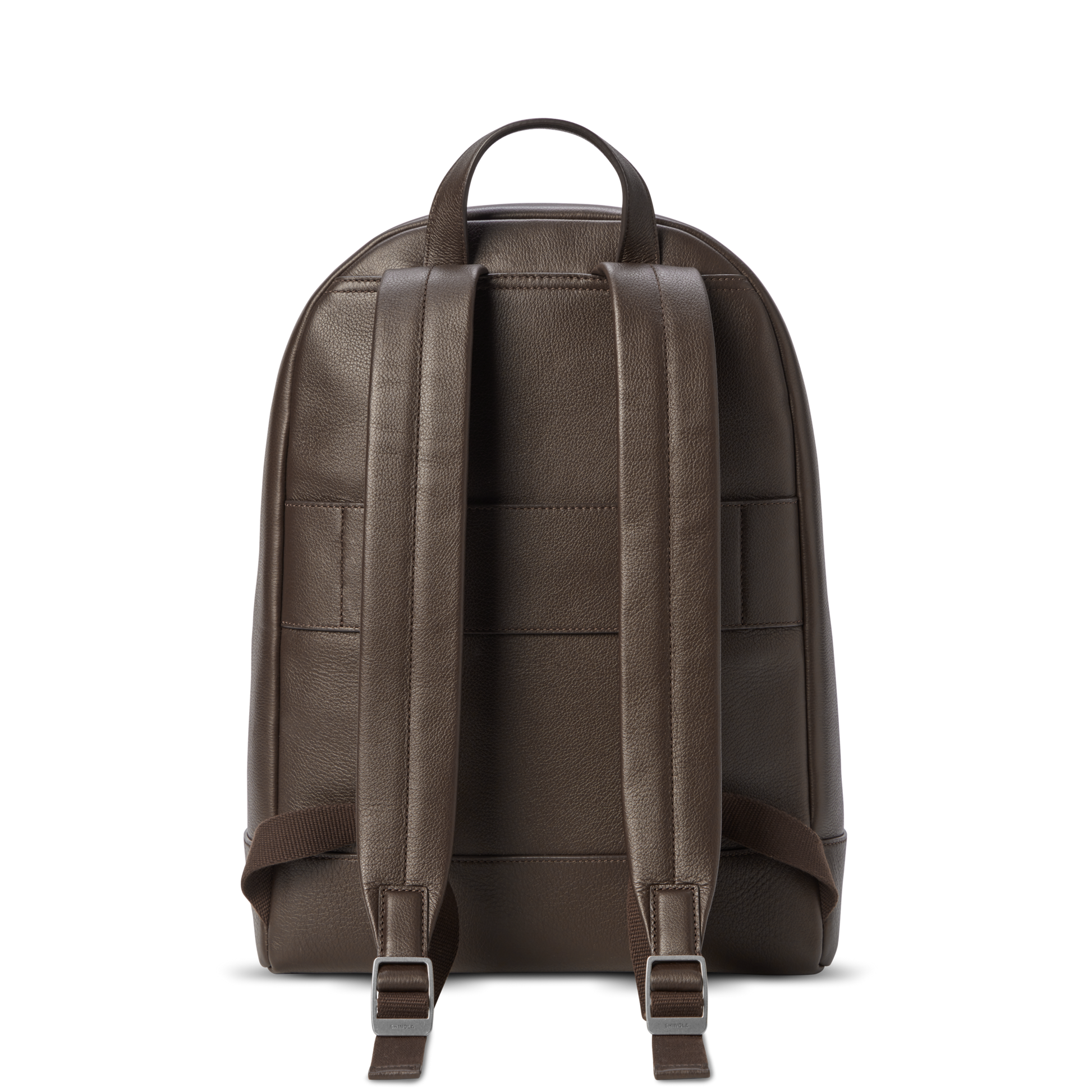 The Shinola Canfield Backpack - Espresso is shown from the back, featuring adjustable shoulder straps, a top handle, and a clean, minimalist commuter-friendly design against a plain white background.