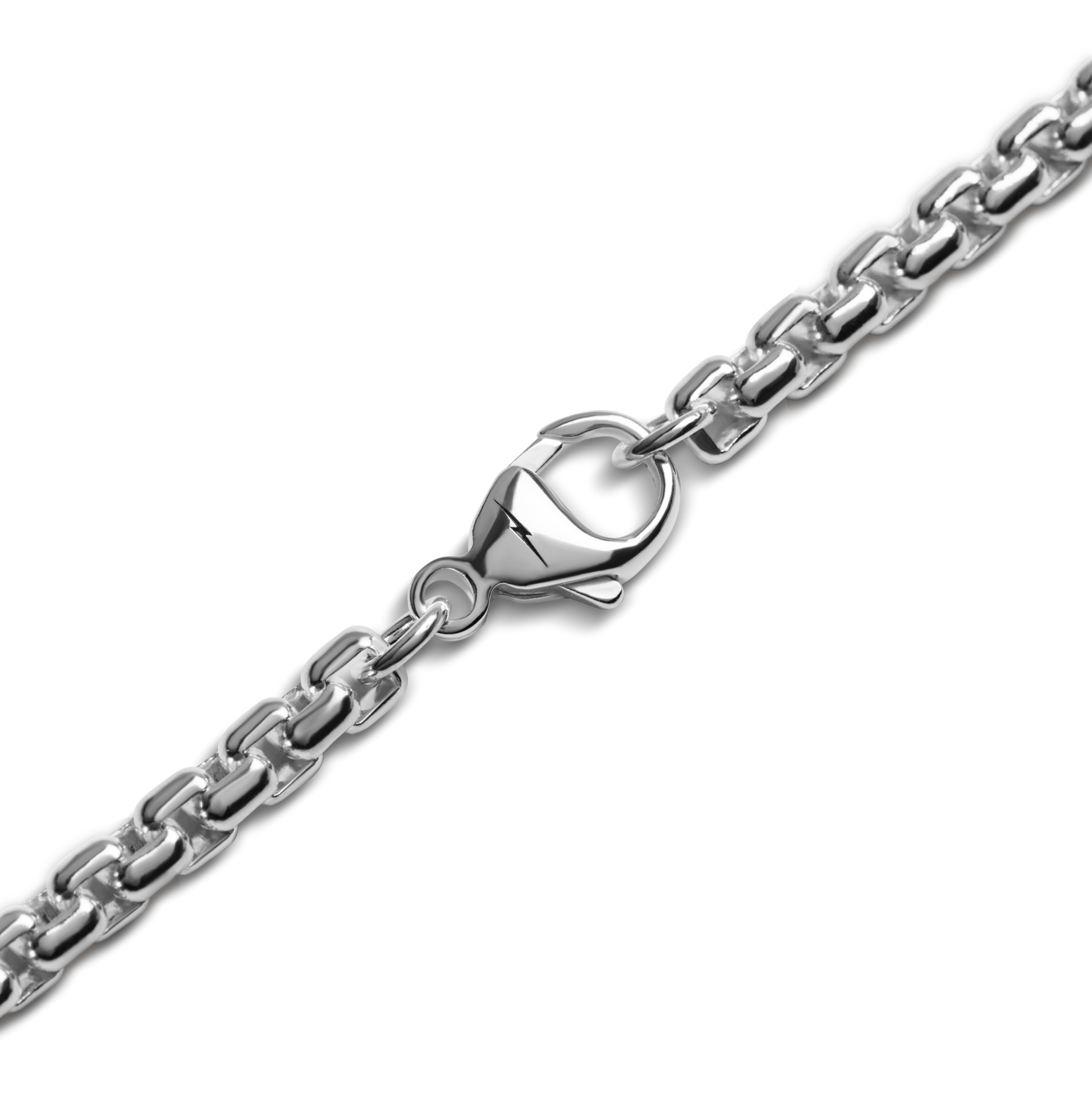 Close-up of the Shinola 4mm Box Chain Bracelet in sterling silver, featuring a secure lobster clasp and shown against a white background.