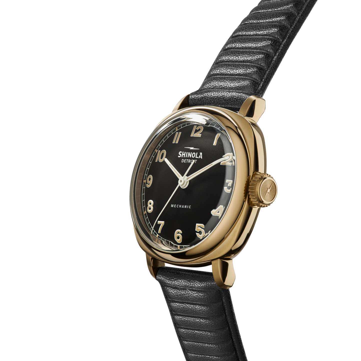 The Shinola Mechanic Watch - Black/Gold features a black dial with gold numerals and a black leather strap. Displayed at an angle against a white background, the face reads "Shinola Detroit" and "Mechanic.