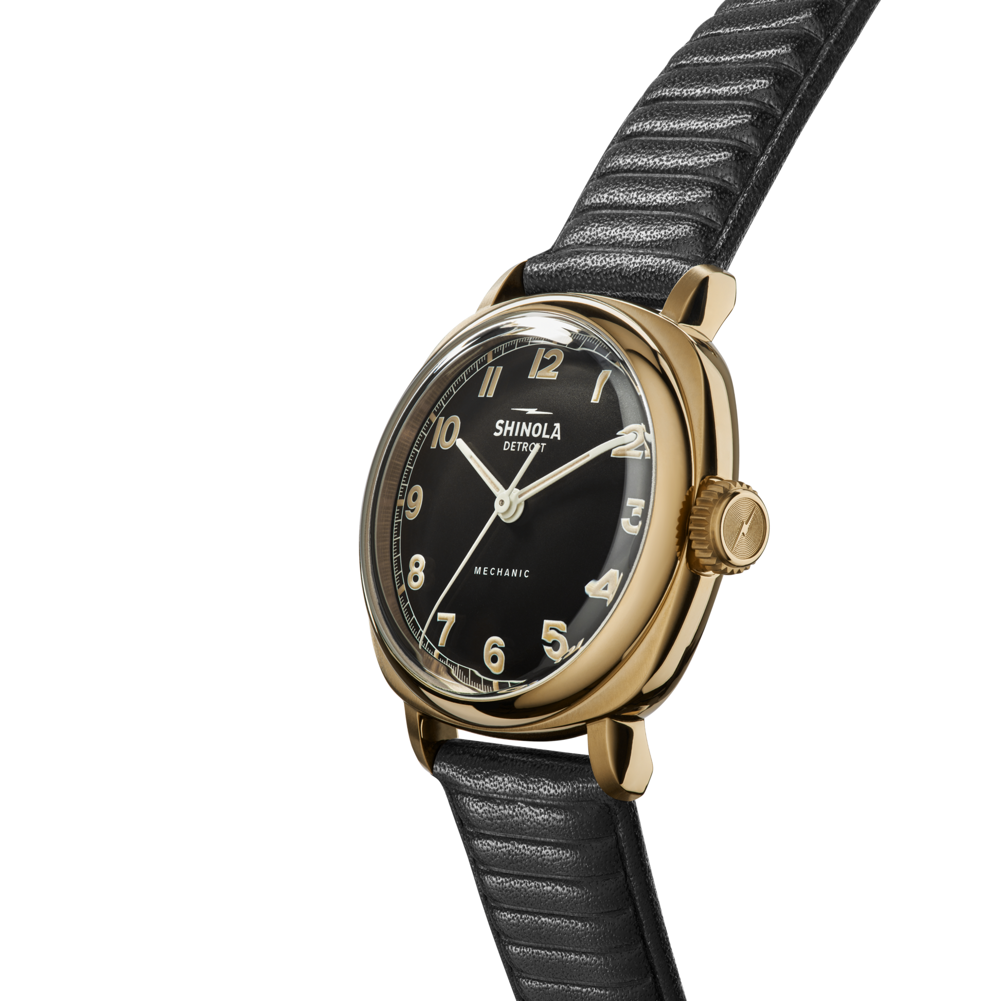 The Shinola Mechanic Watch - Black/Gold features a black dial with gold numerals and a black leather strap. Displayed at an angle against a white background, the face reads "Shinola Detroit" and "Mechanic.