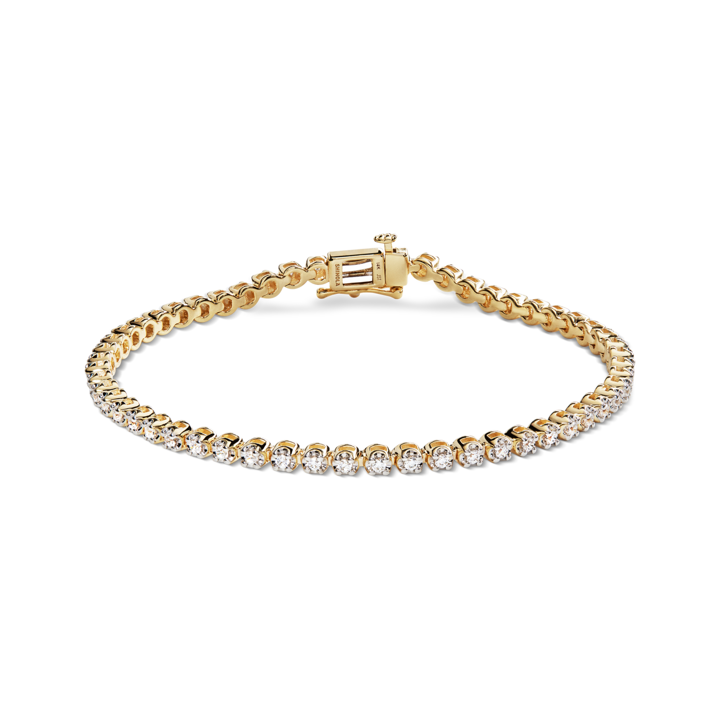 The Shinola 1 Carat 7" Diamond Tennis Bracelet in yellow gold features a single row of brilliant-cut diamonds and a secure box clasp, shown against a plain white background.
