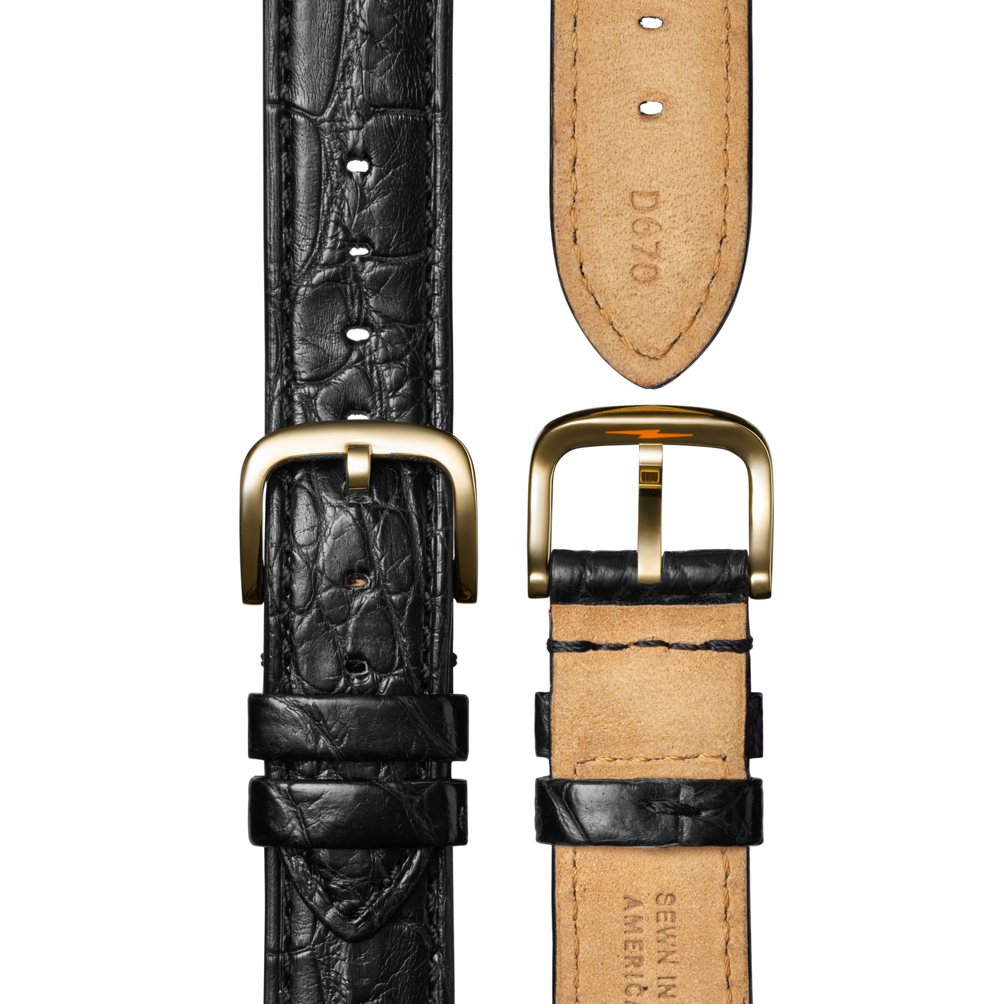 Two black leather straps with crocodile pattern, gold buckles, and tan undersides—ideal for your Shinola Celestial Derby Watch - Black Mother of Pearl Diamond. Displayed vertically, one strap shows the front, the other the back.