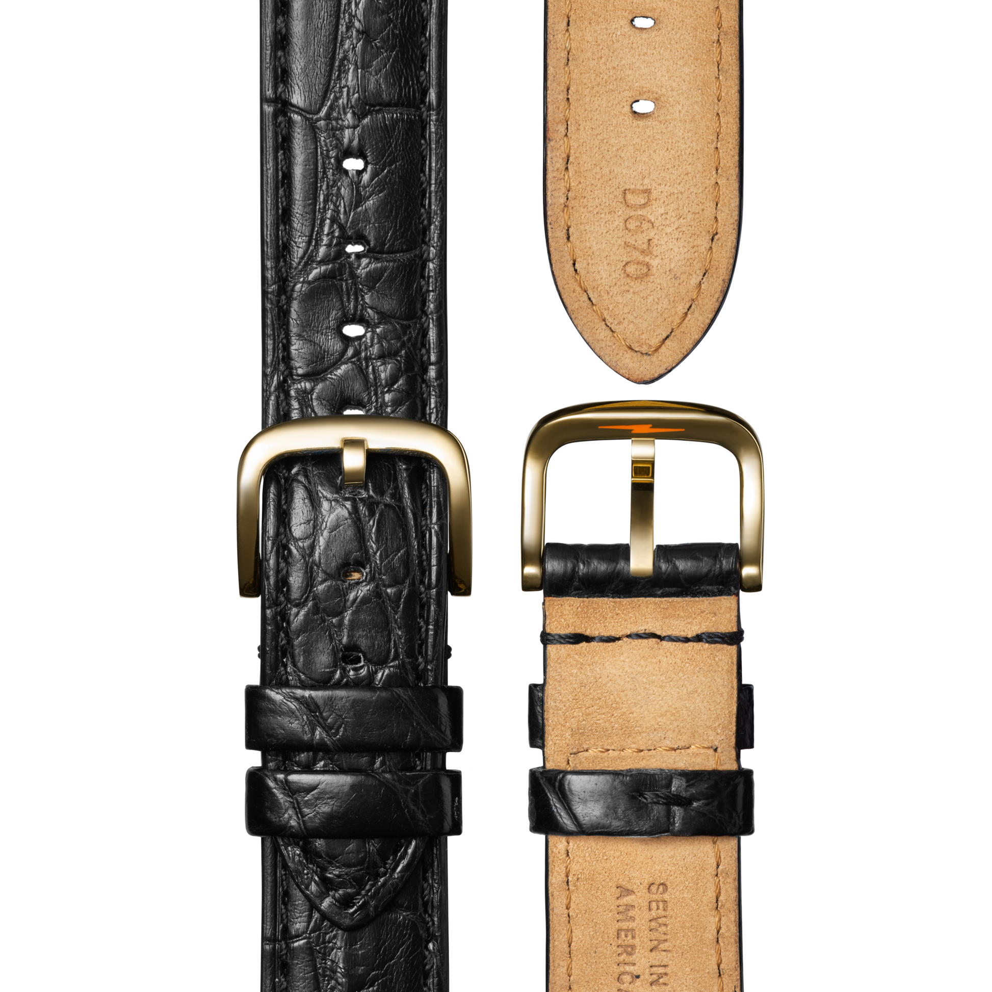 Two black leather straps with crocodile pattern, gold buckles, and tan undersides—ideal for your Shinola Celestial Derby Watch - Black Mother of Pearl Diamond. Displayed vertically, one strap shows the front, the other the back.
