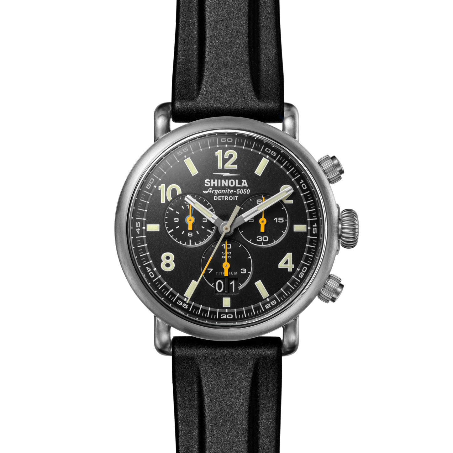 A black Shinola Runwell Chronograph West Wind Watch Gift Set with Additional Strap features a round stainless steel case, black dial with yellow hands, white numerals, two subdials, and a black leather strap, shown on a plain white background.