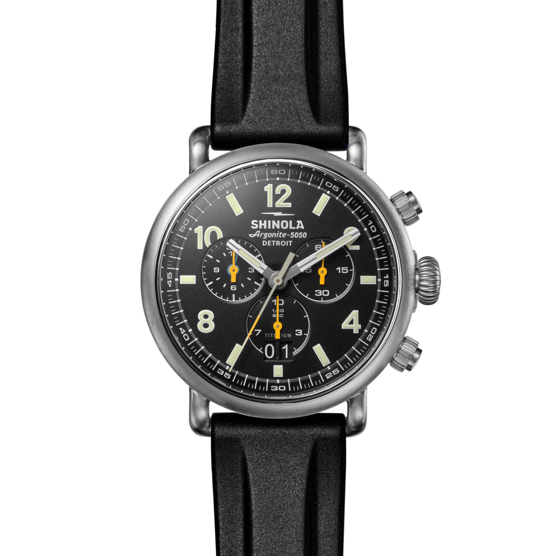 A black Shinola Runwell Chronograph West Wind Watch Gift Set with Additional Strap features a round stainless steel case, black dial with yellow hands, white numerals, two subdials, and a black leather strap, shown on a plain white background.