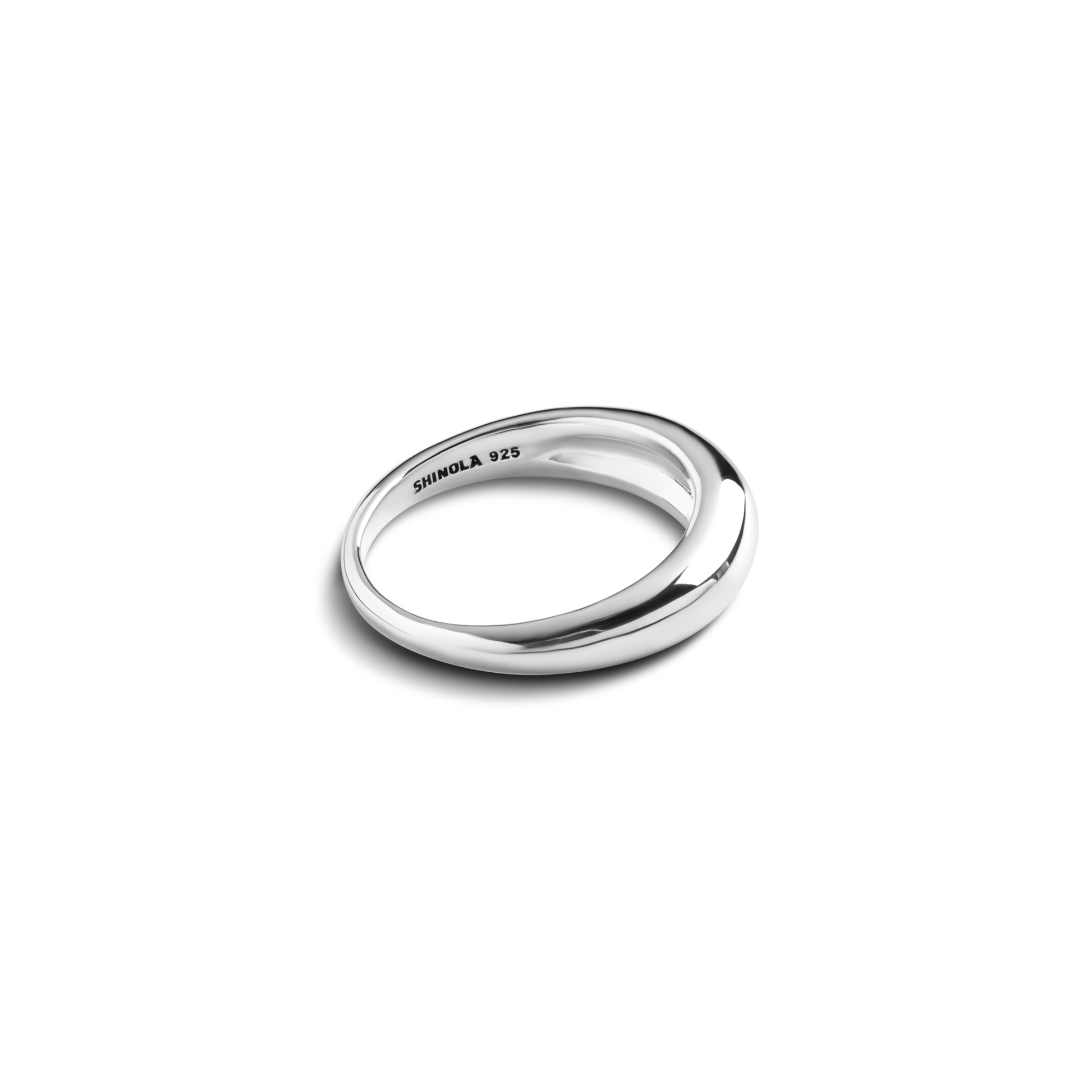 The Shinola Signature Link Domed Ring in polished sterling silver features a smooth, rounded band and “SHINOLA 925” engraved inside. Shown on a white background.