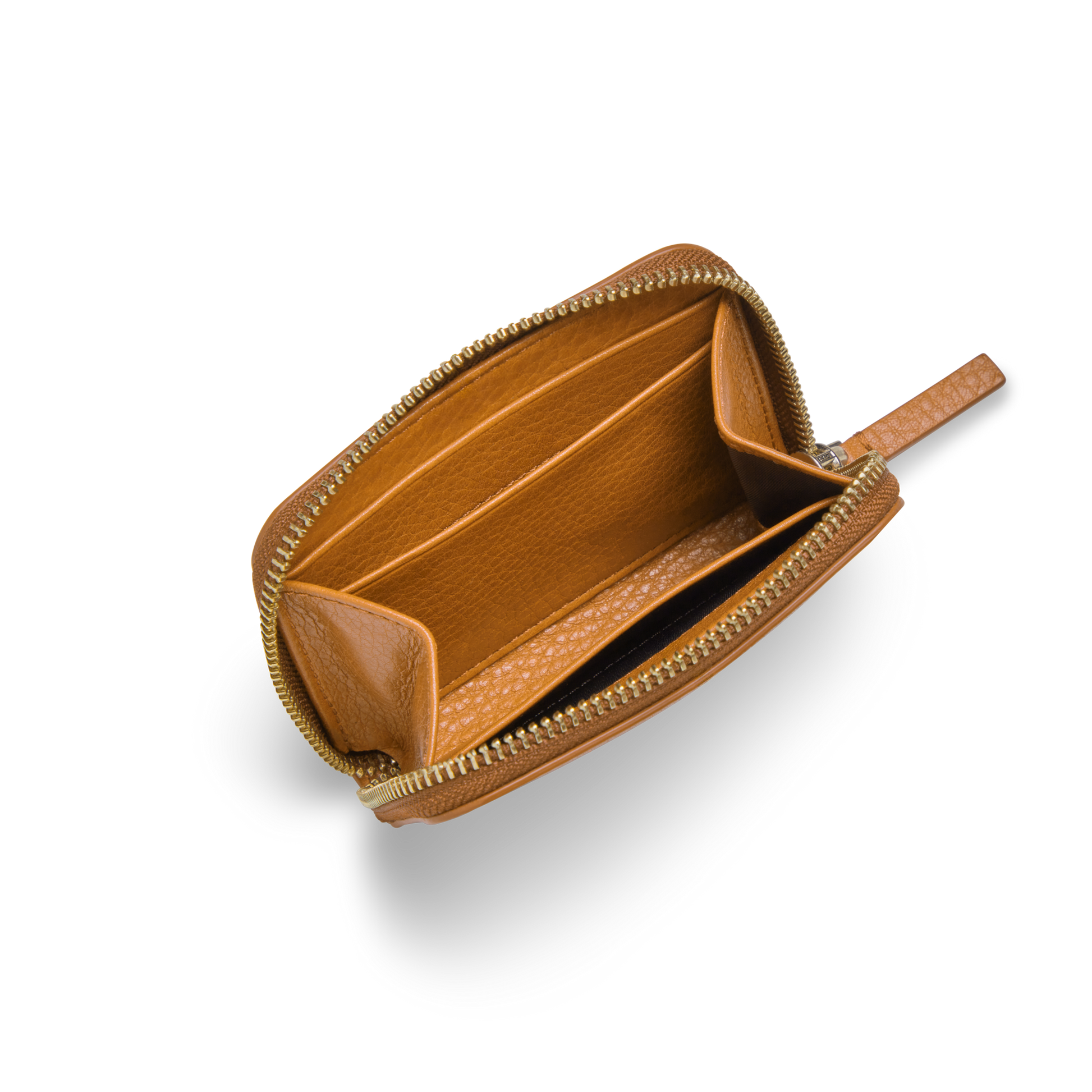 The Shinola Small Zip Wallet - Honey is open on a plain white background, revealing two main compartments and a middle divider—this compact brown leather accessory is perfect for staying organized.