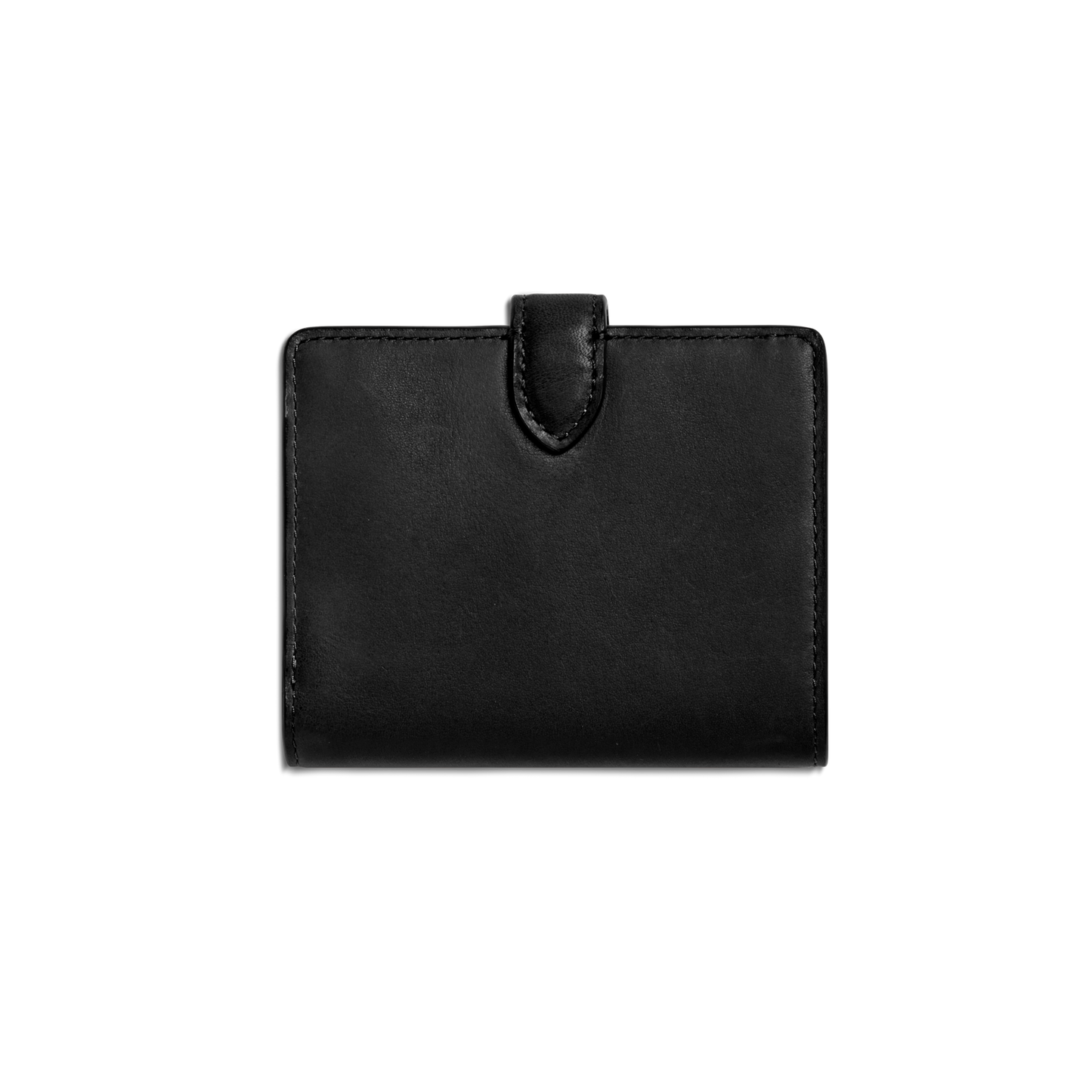 The Shinola Small Snap Wallet in black natural leather features a tab closure and is photographed closed against a plain light gray background.