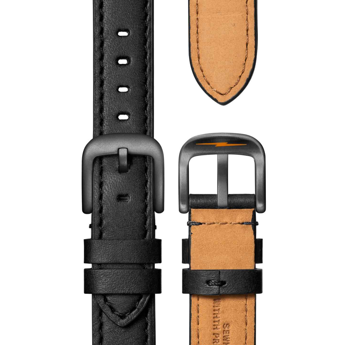 The Shinola Canfield Sport Chronograph Watch features a black leather strap with visible stitching, tan underside, and matte black buckle. Front and back views highlight the strap's texture and premium hardware.