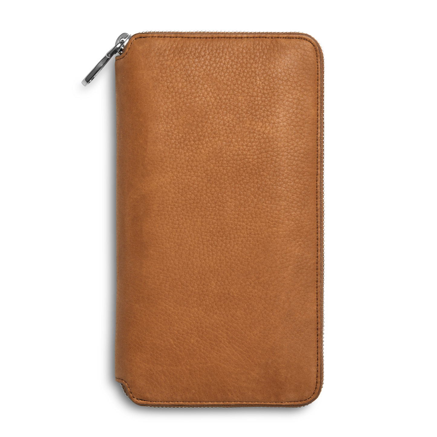 The Shinola Organizer Wallet - Tan is a closed rectangular travel wallet in light brown natural grain leather, featuring a zipper along the top and right edges, shown against a plain white background.