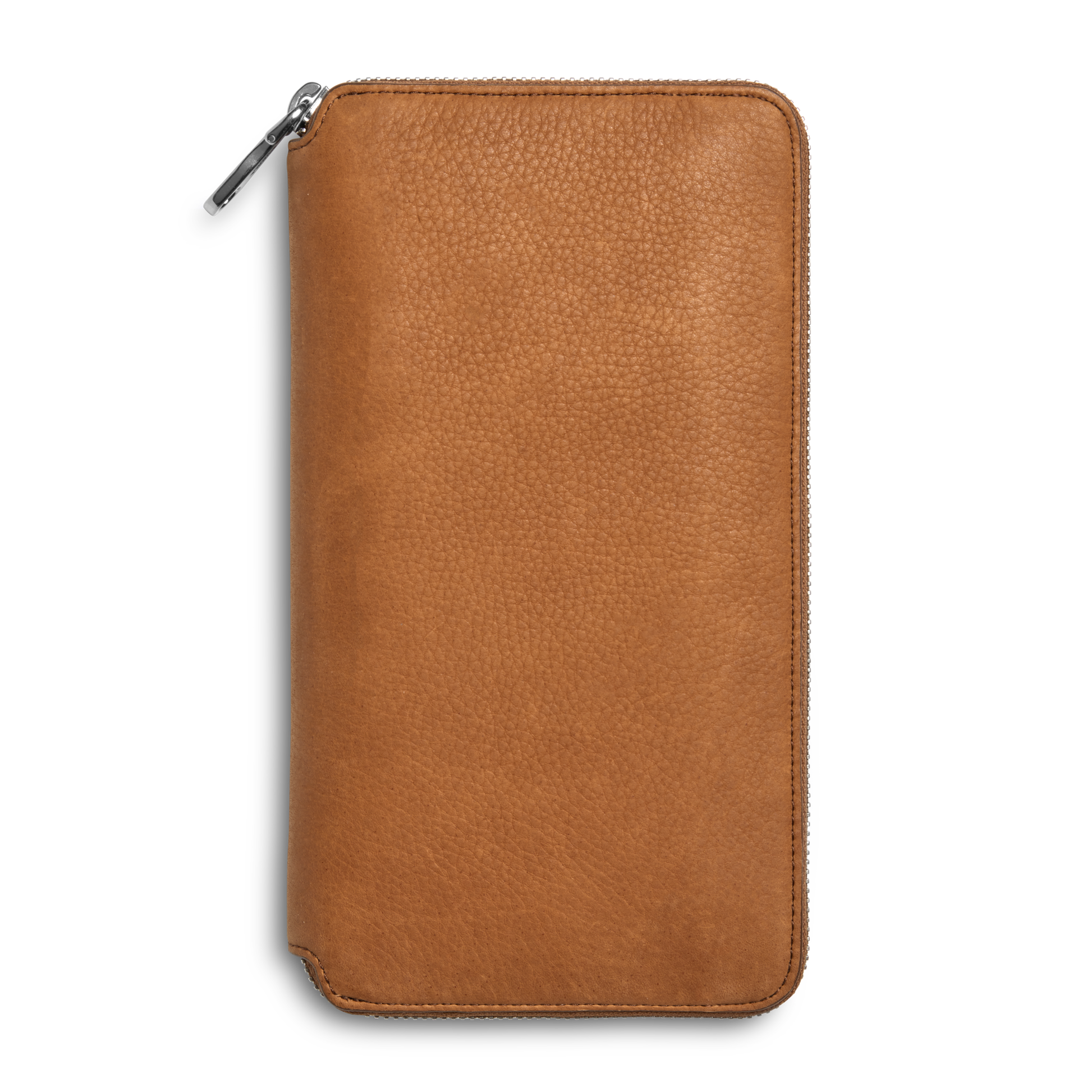 The Shinola Organizer Wallet - Tan is a closed rectangular travel wallet in light brown natural grain leather, featuring a zipper along the top and right edges, shown against a plain white background.