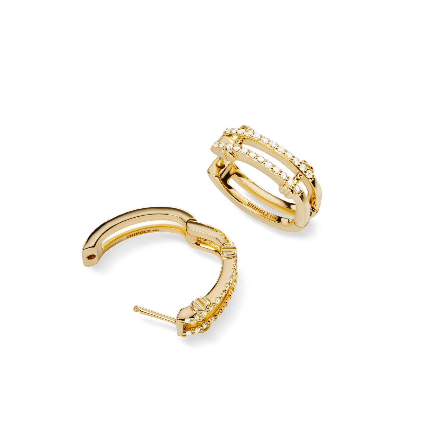 The Shinola Diamond Pave Rivet Double Row Hoop Earrings in 14k yellow gold feature two rows of sparkling white stones along the front, shown on a plain white background.