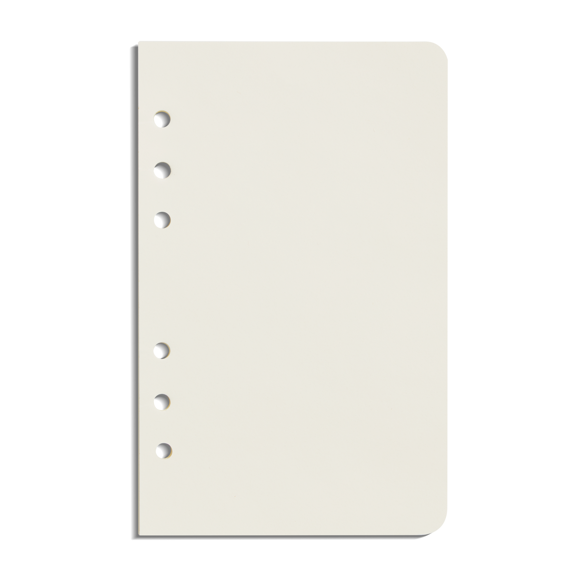 A single Plain Agenda Insert - Kraft by Shinola, off-white with six holes on the left and a rounded top right corner, ideal for your Refillable Leather Agenda, shown vertically against a white background.