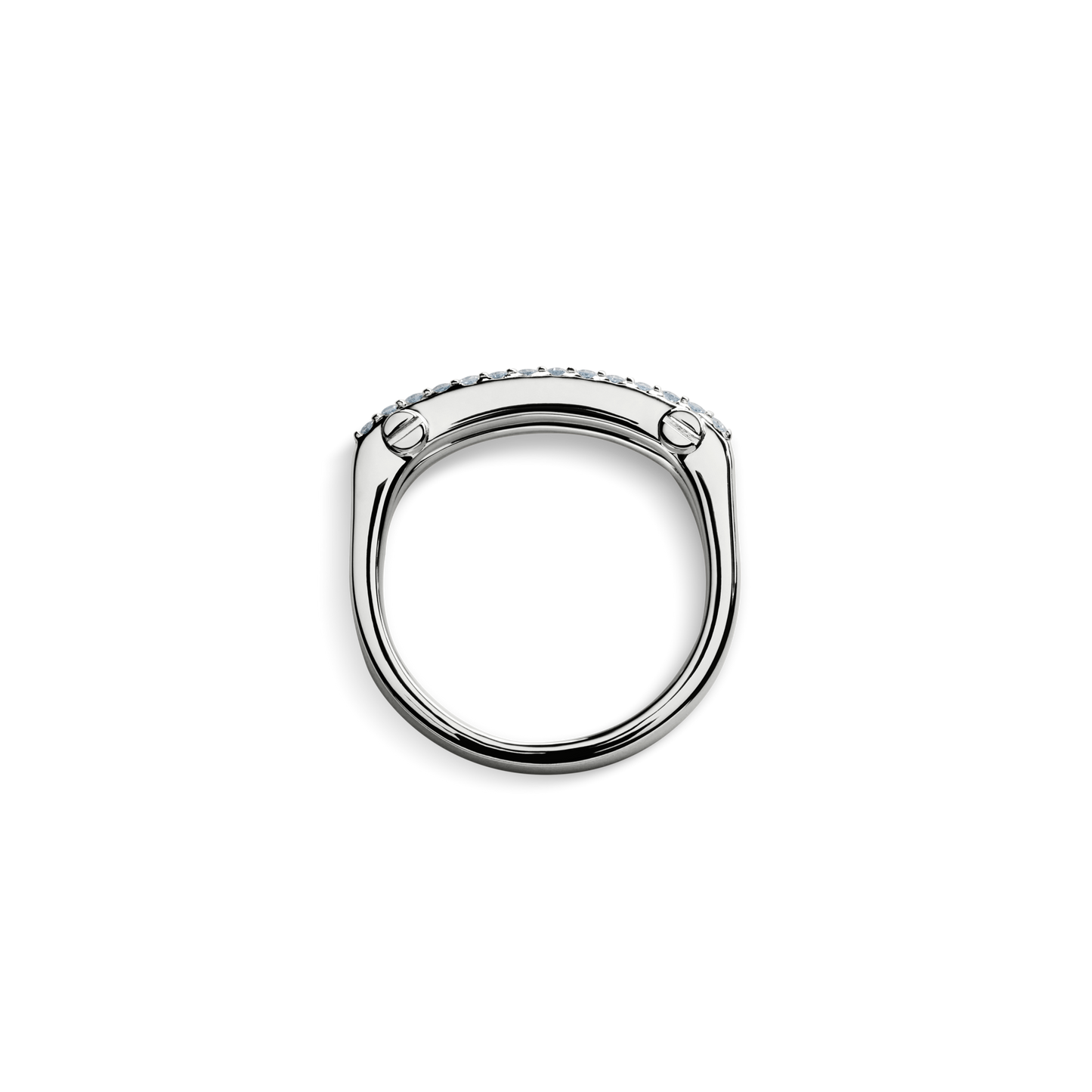 The Shinola Diamond Pave Rivet Double Row Ring in white gold is shown from the side, featuring a flat top with small, evenly spaced gemstones against a plain white background.
