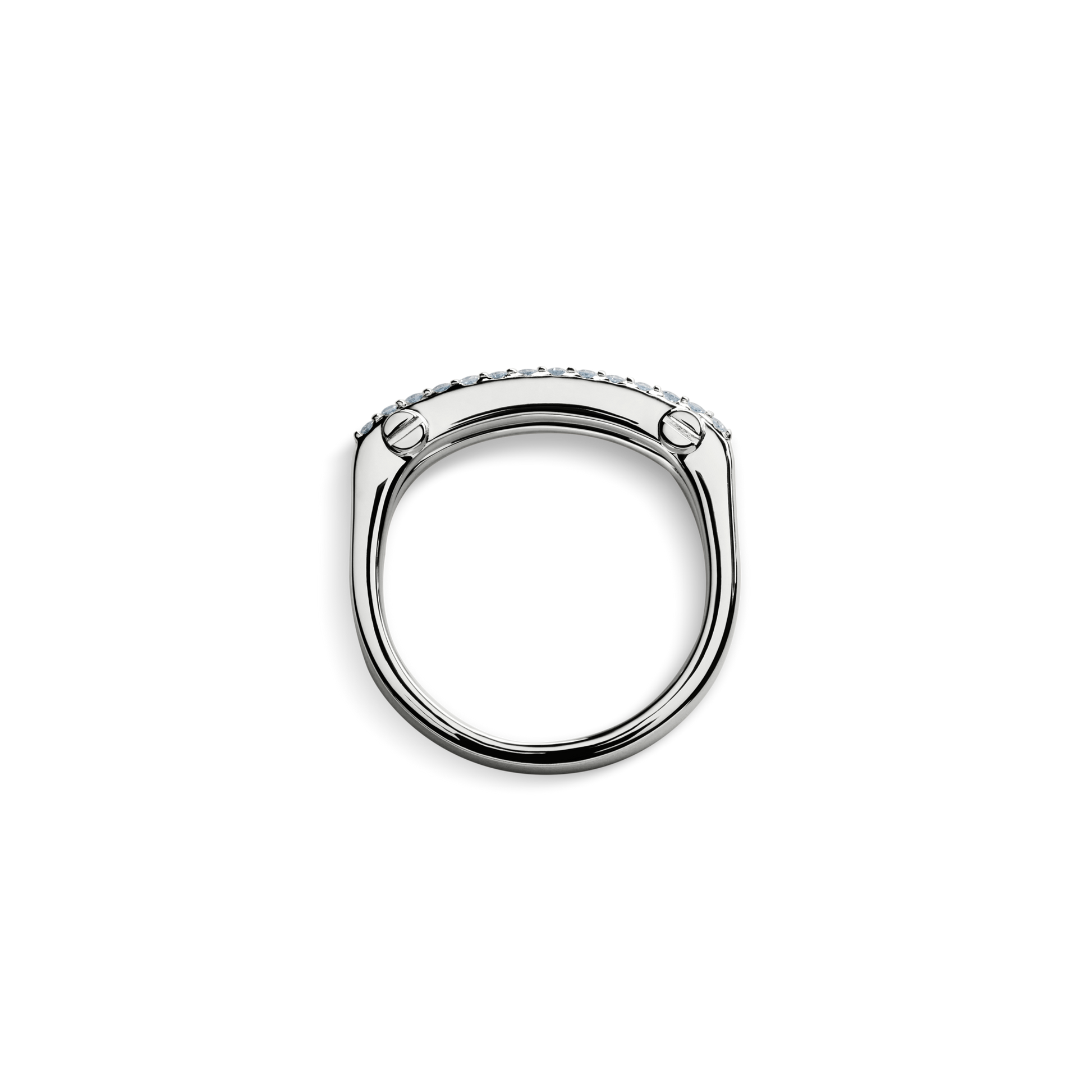The Shinola Diamond Pave Rivet Double Row Ring in white gold is shown from the side, featuring a flat top with small, evenly spaced gemstones against a plain white background.